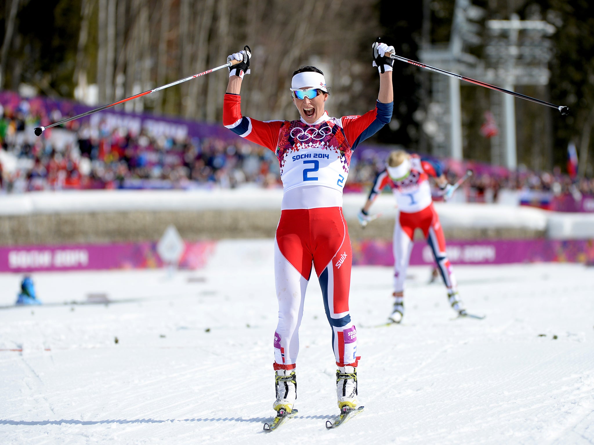 Norwegian cross-country skier Marit Bjoergen wins her third gold in Sochi in the 30km race