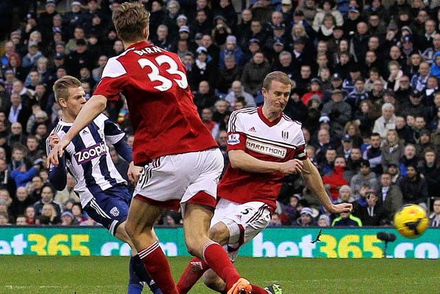 A point made: Matej Vydra delivers the shot that Maarten Stekelenburg let under his arm for West Bromwich’s late equaliser 