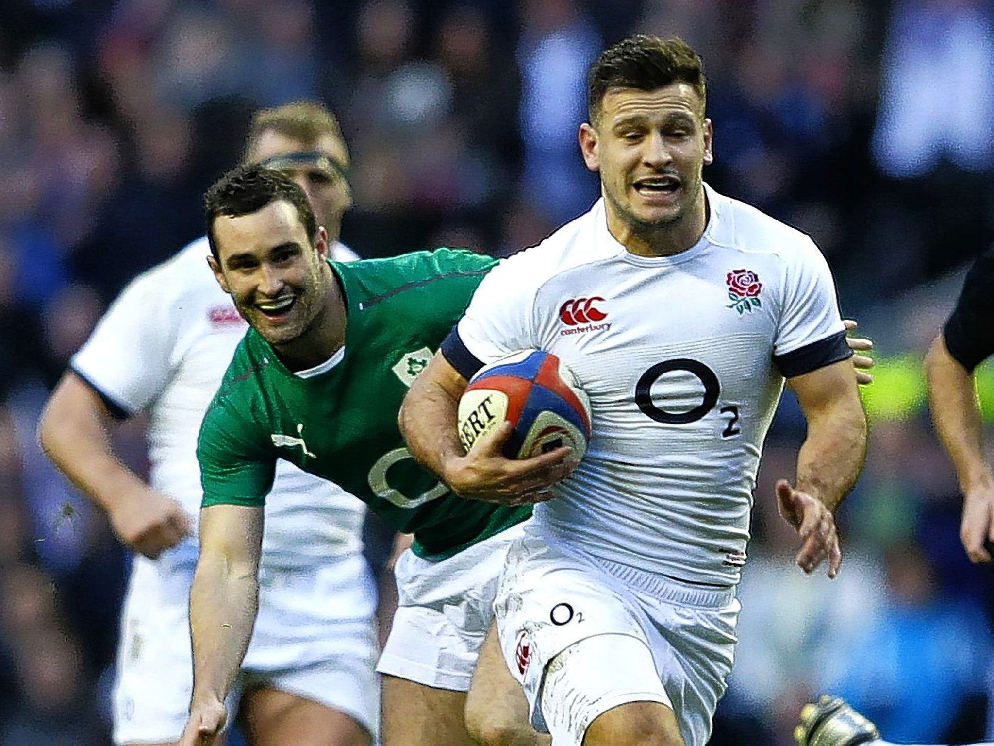 Danny Care races on to a pass from Mike Brown (on ground) to score England’s try against Ireland at Twickenham on Saturday