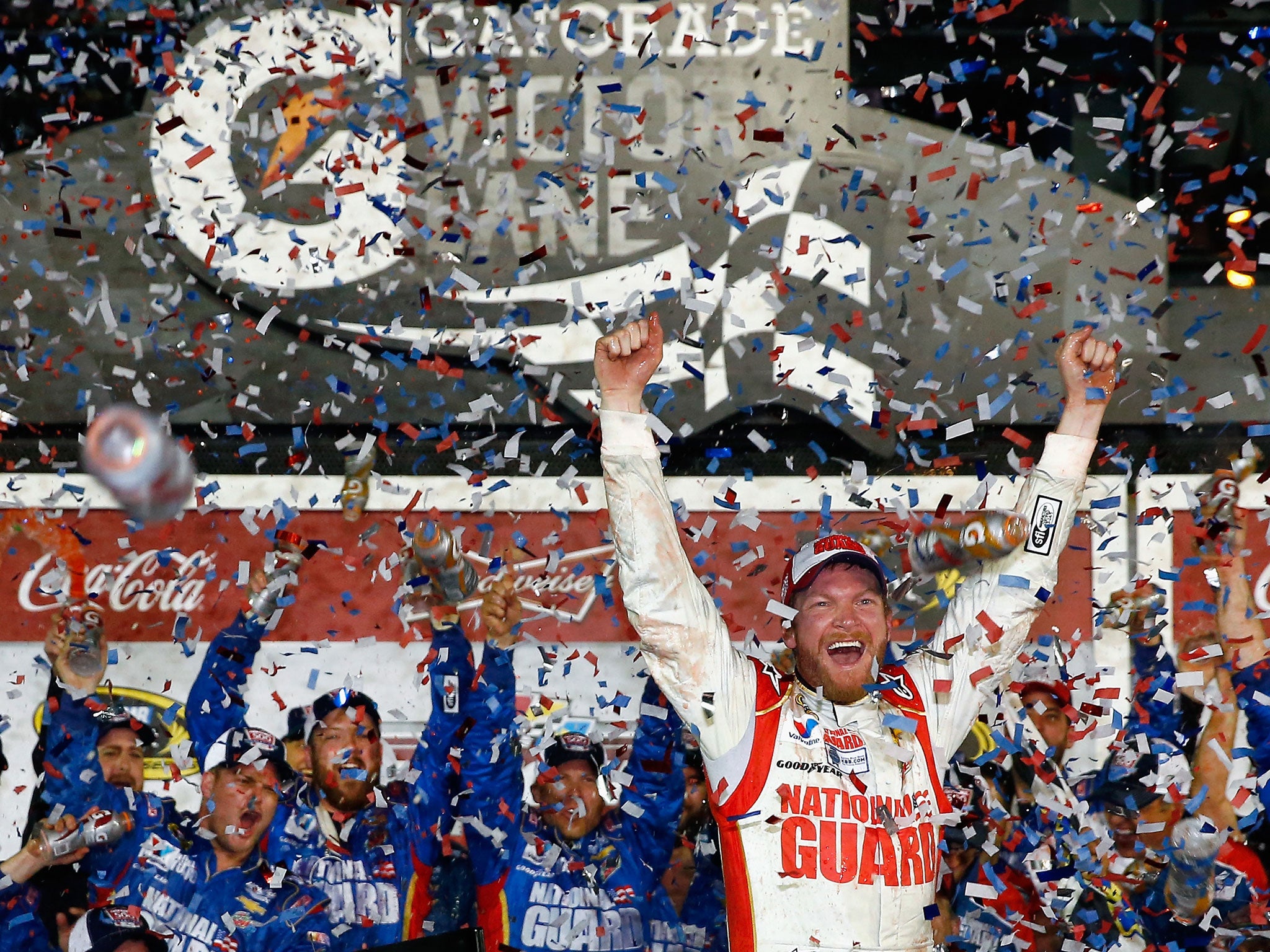 Dale Earnhardt Jr celebrates his success at the Nascar Sprint Cup season-opening Daytona 500