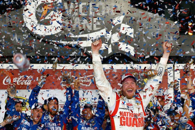 Dale Earnhardt Jr celebrates his success at the Nascar Sprint Cup season-opening Daytona 500