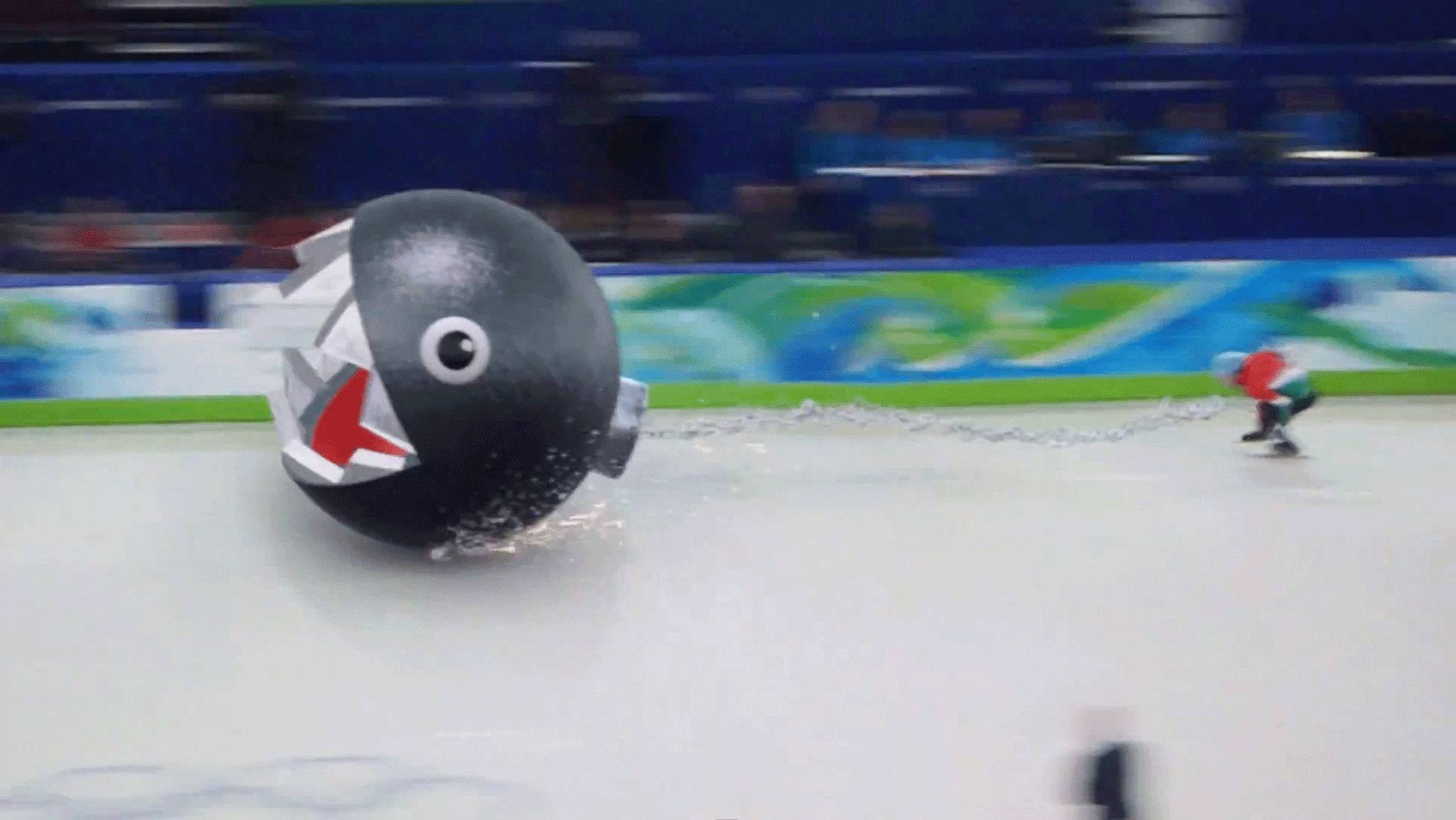 A speed skater gets a little help from Chain Chomp