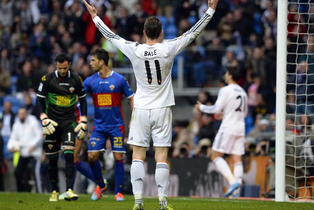 Real Madrid striker Gareth Bale gestures during the Spanish league win over Elche