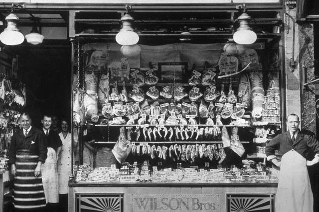 Flaunting flesh: a traditional butcher's display window in 1935 shows what was available