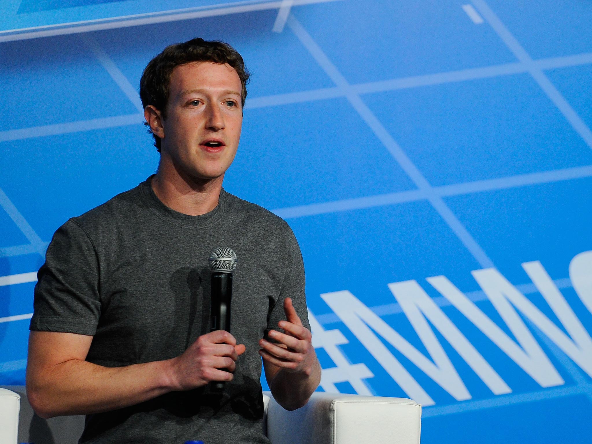 Co-Founder, Chairman and CEO of Facebook Mark Zuckerberg  speaks during his keynote conference at the Mobile World Congress 2014 