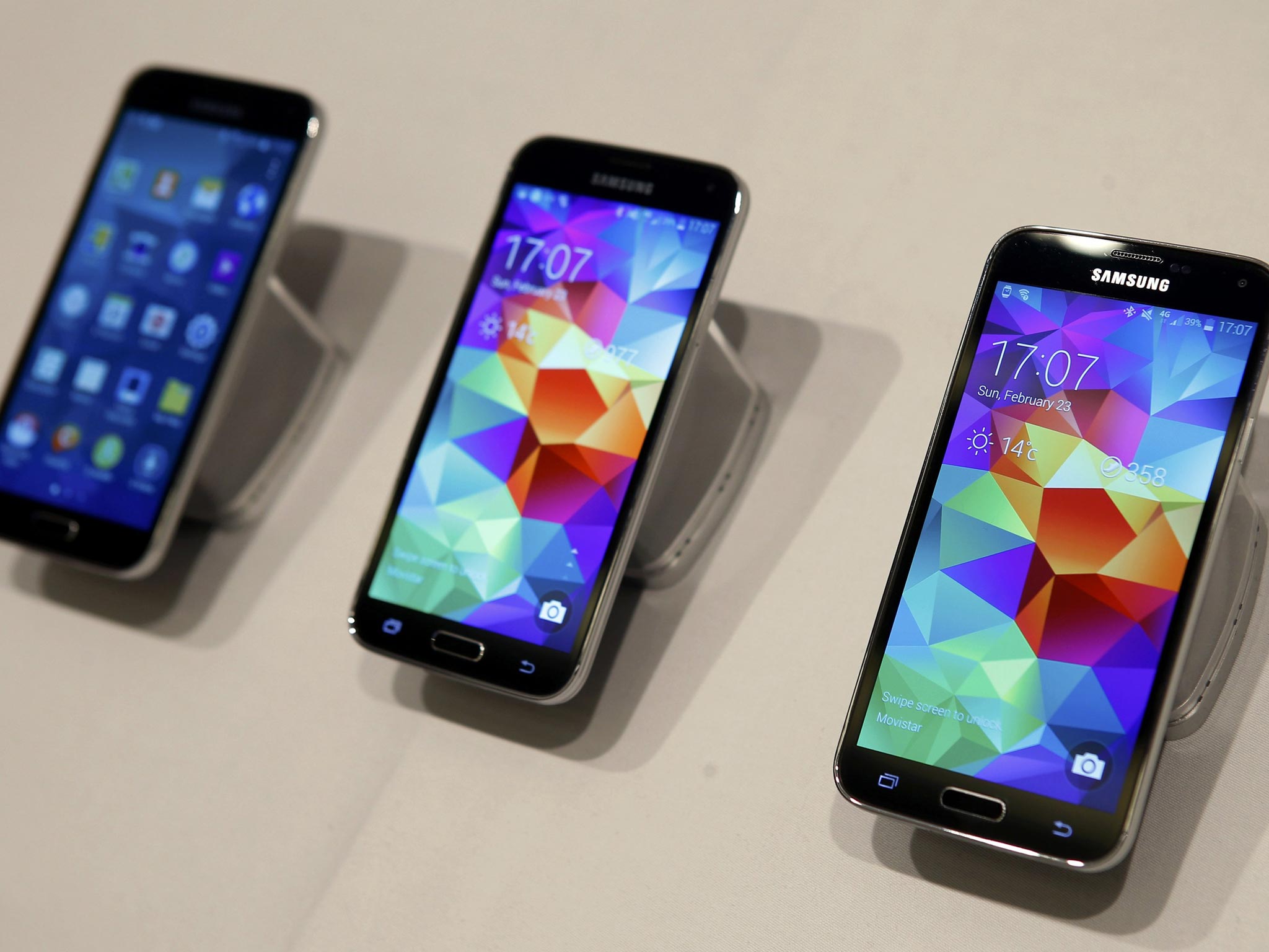Samsung Galaxy S5 smartphones on display at the Mobile World Congress in Barcelona