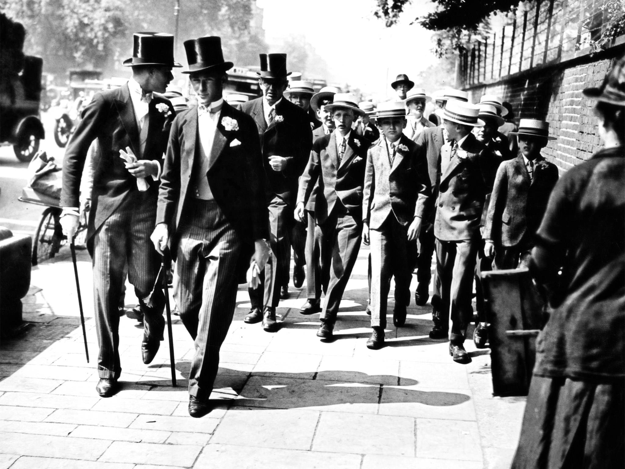 Hat a boy: pupils from Eton arrive at Lord’s Cricket Ground, London, for the match against Harrow, July 1928