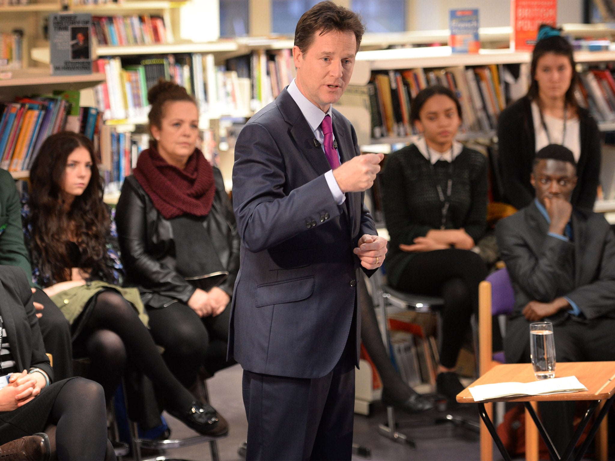 Deputy Prime Minister Nick Clegg holds a question and answer session with students at Bishop Challoner Catholic Collegiate School in east London
