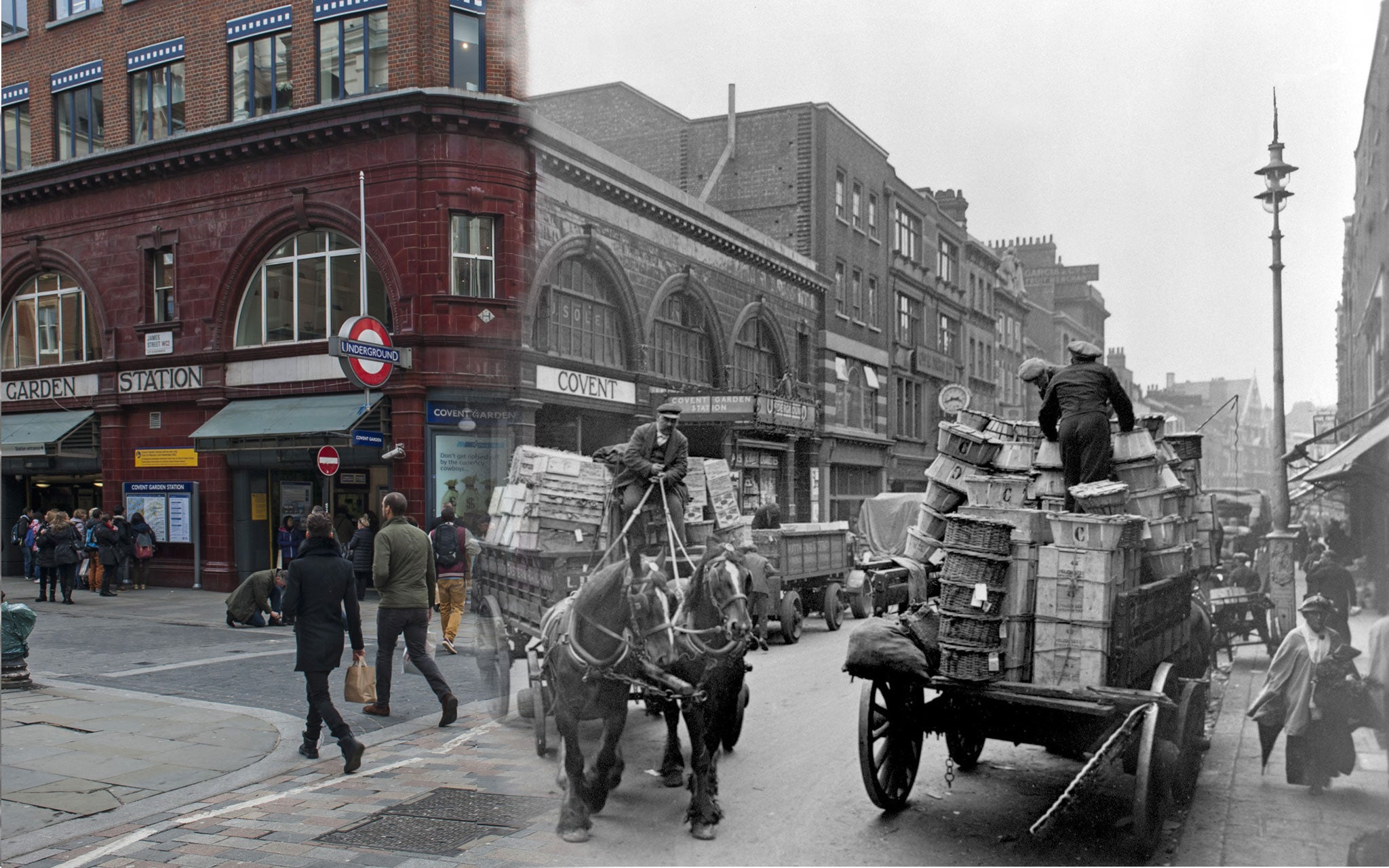 A street scene in London’s Covent Garden with the underground station and a horse and cart in the background in c.1930 and  the same street in 2014