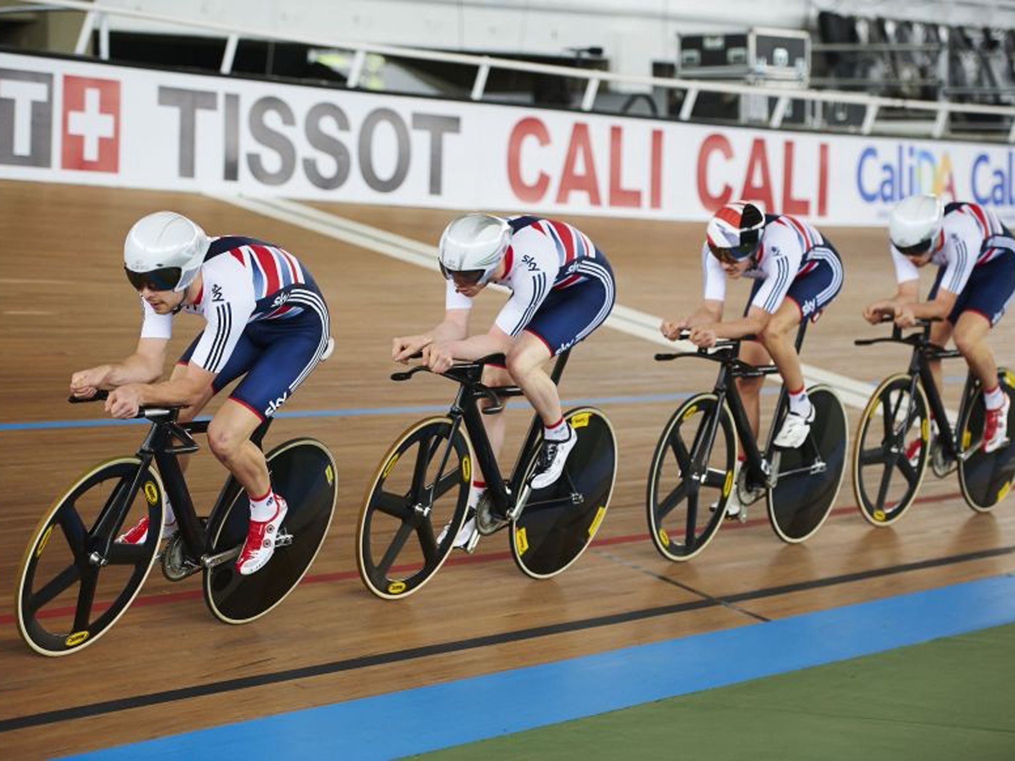 Britain's men's endurance squad led by Owain Doull, followed by Ed Clancy, Sam Harrison and Jon Dibben in training before the 2014 UCI Track Cycling World Championships in Cali, Colombia