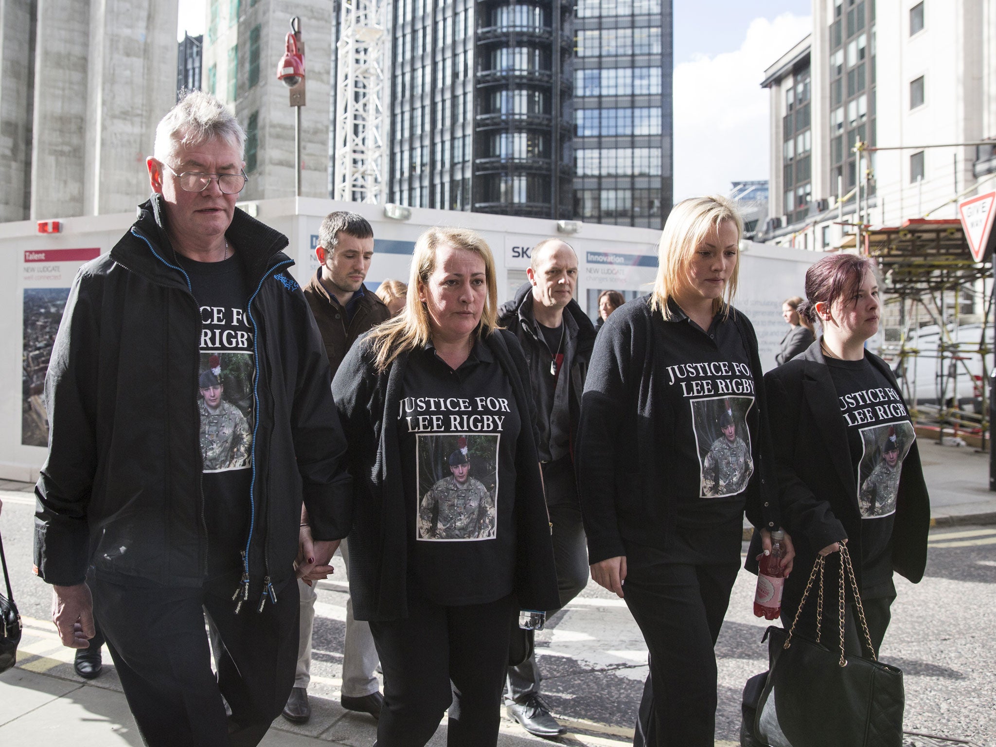 Relatives of murdered fusilier Lee Rigby, (L-R) his stepfather Ian Rigby, his mother Lyn Rigby, his sisters Sara McClure and Chelsea Rigby, arrive at the Old Bailey