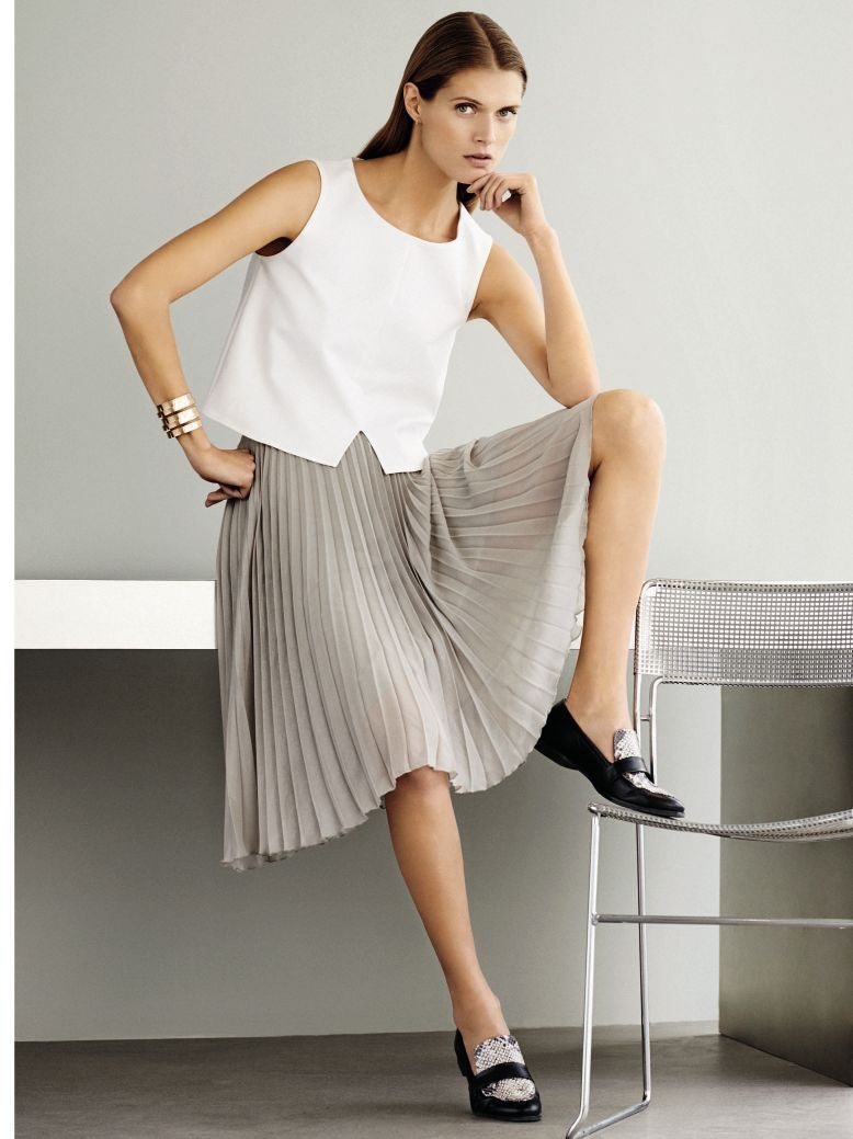 Grey skirt £59.99; Top £24.99; Shoes £79.99; all by Mango, mango.com