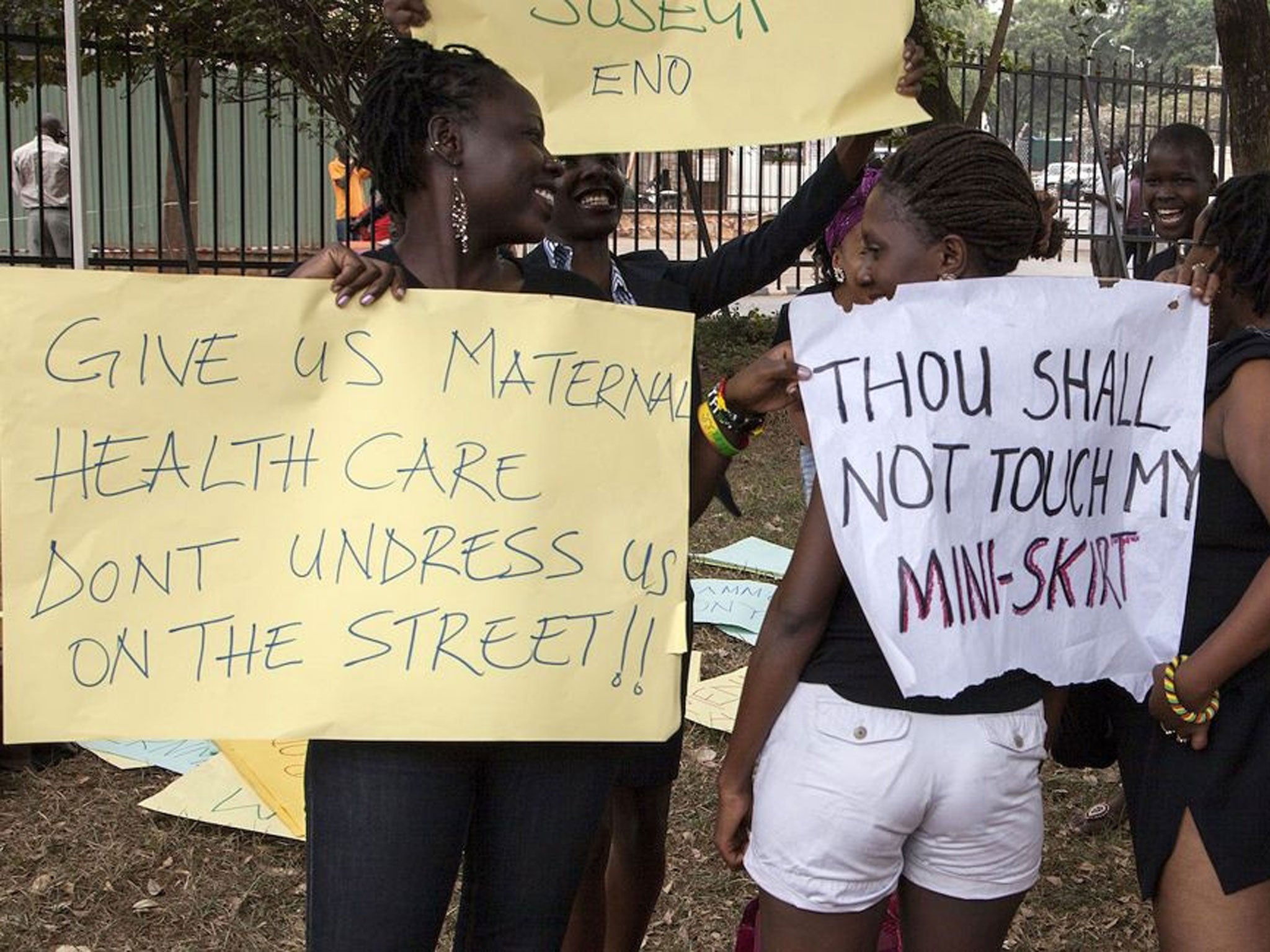 Women protest against the anti-pornography and dress code legislation in Kampala.