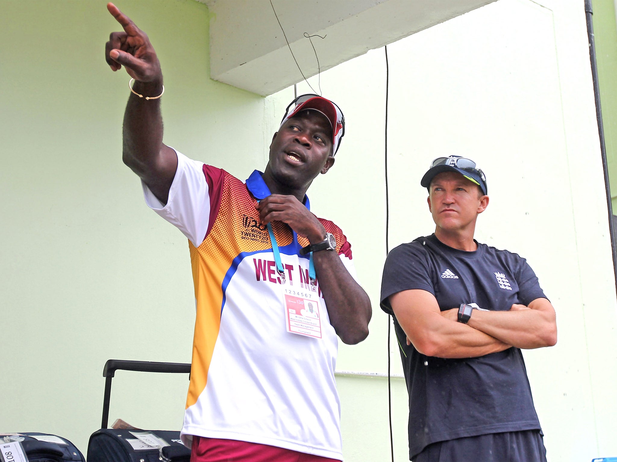 Ottis Gibson (left) chats to the then England coach Andy Flower in Guyana in 2010