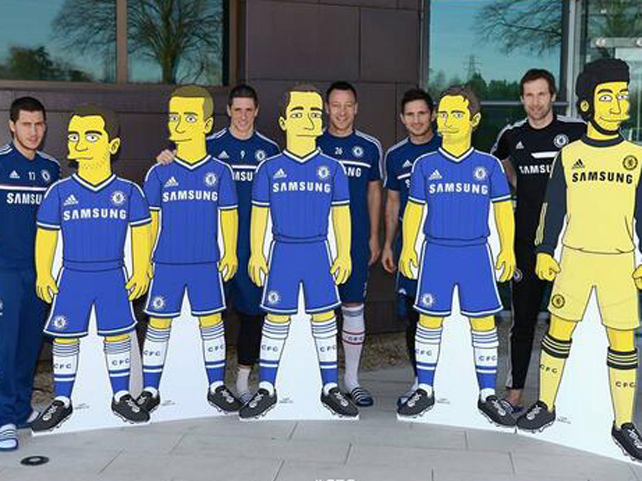 Eden Hazard, Fernando Torres, John Terry, Frank Lampard and Petr Cech pose with their Simpsons doppelgangers