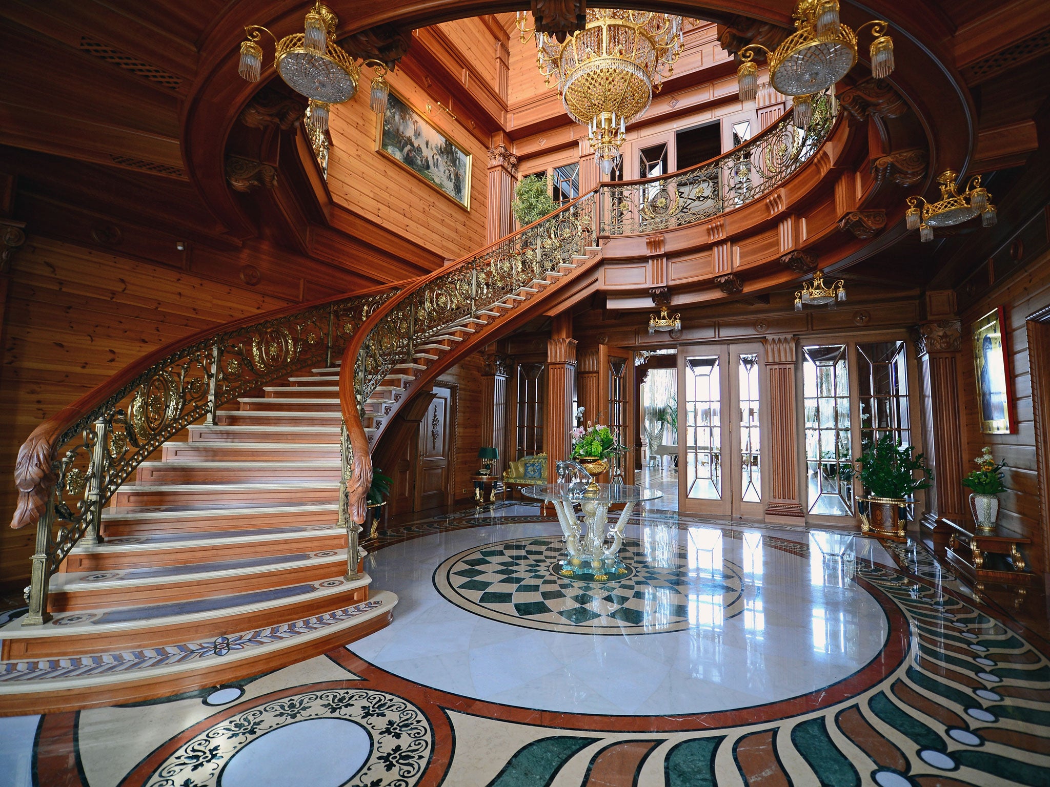 A staircase winds up in a view of a room inside President Viktor Yanukovych's Mezhyhirya estate, which he abandoned as further evidence of his corrupt behaviour continues to surface from the incriminating documents found at his mansion