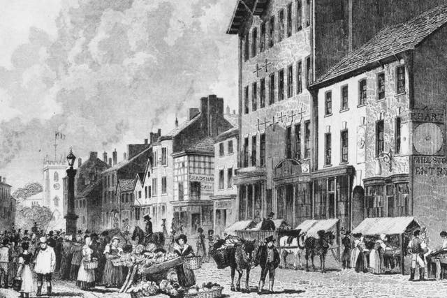 Traders and customers at the Old Market Place on Deansgate, Bolton, Lancashire, circa 1840