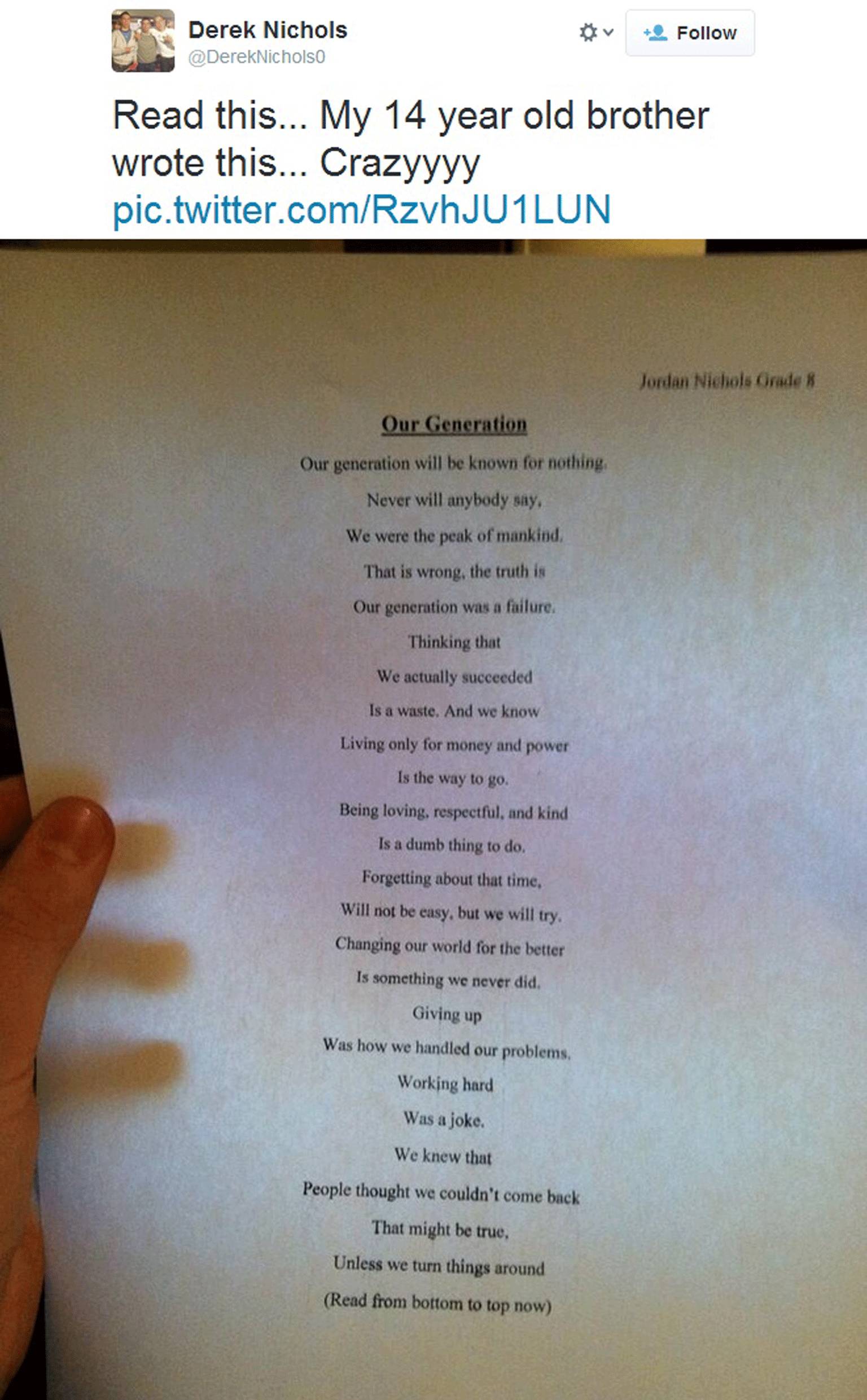 'Our Generation' was written by 8th grader Jordan