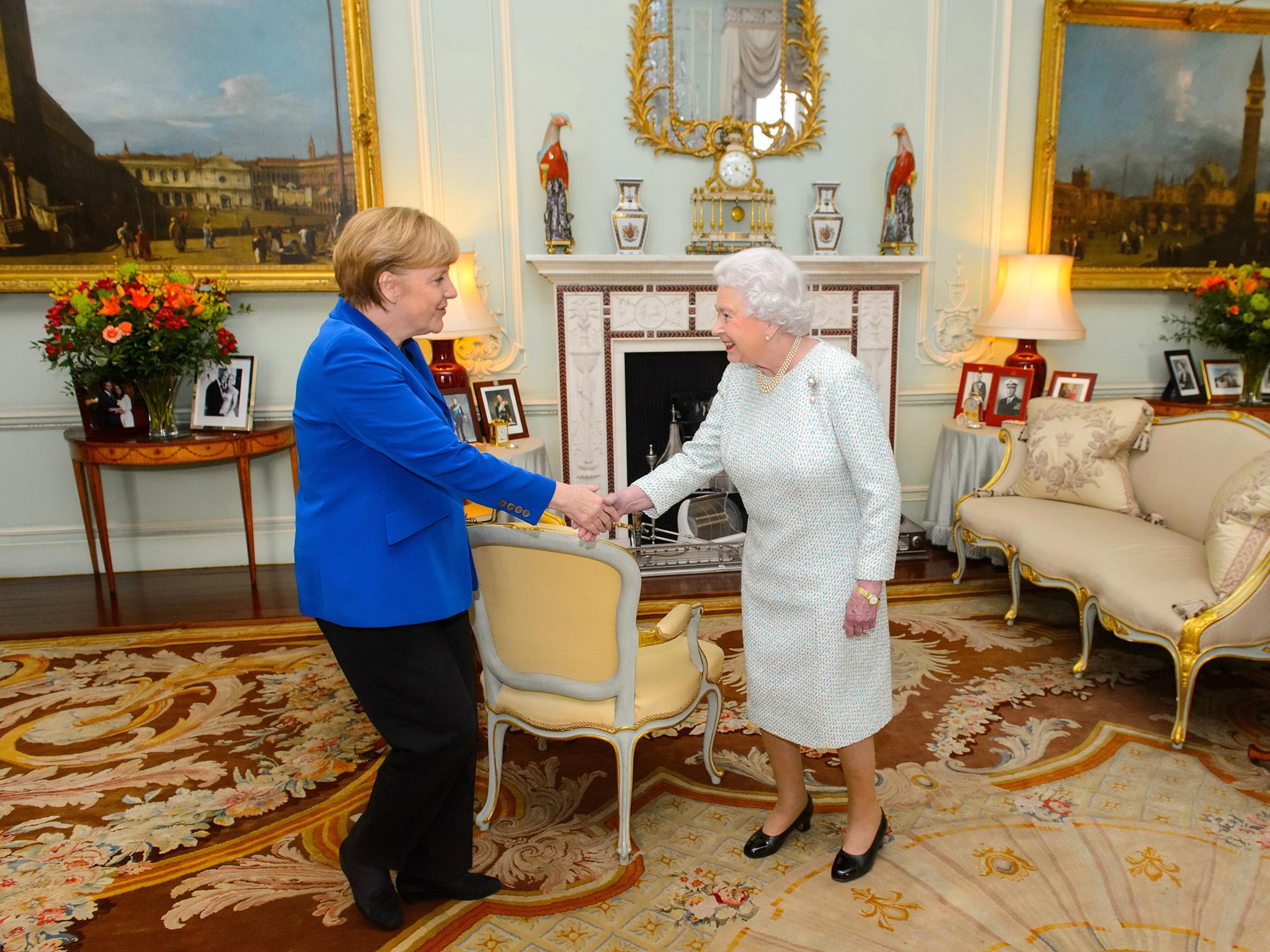 Queen Elizabeth II meets German Chancellor Angela Merkel at Buckingham Palace