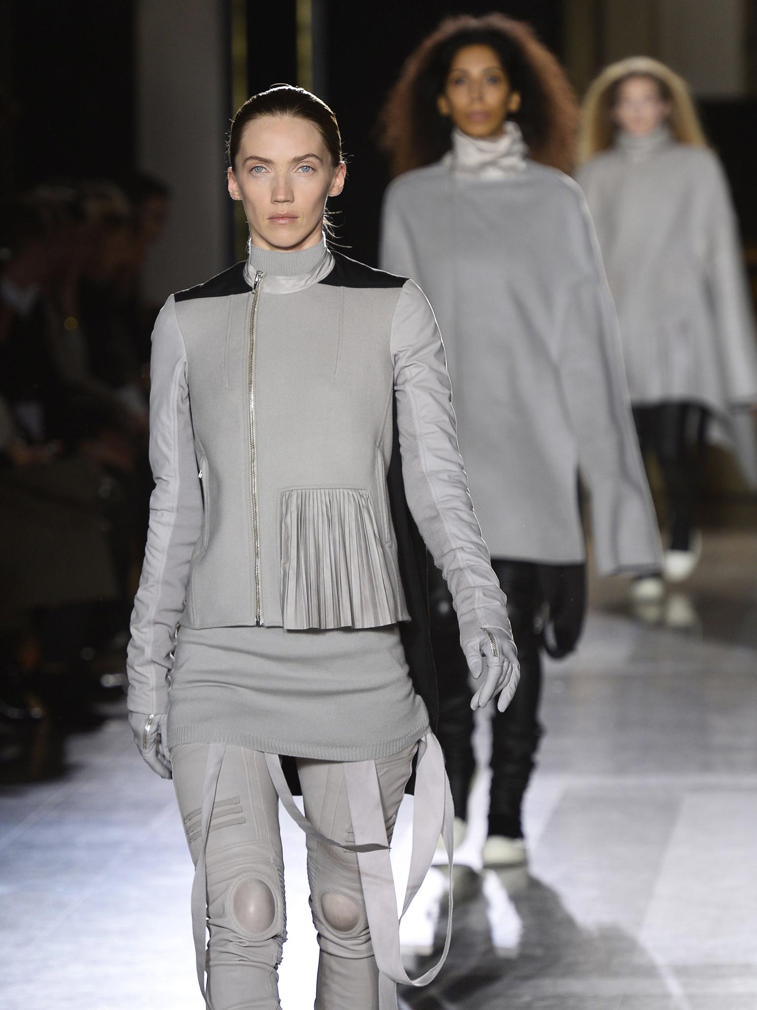 Designer Rick Owens returned to his trademark glamorous grunge – and went heavy on the leather – on the Paris catwalk