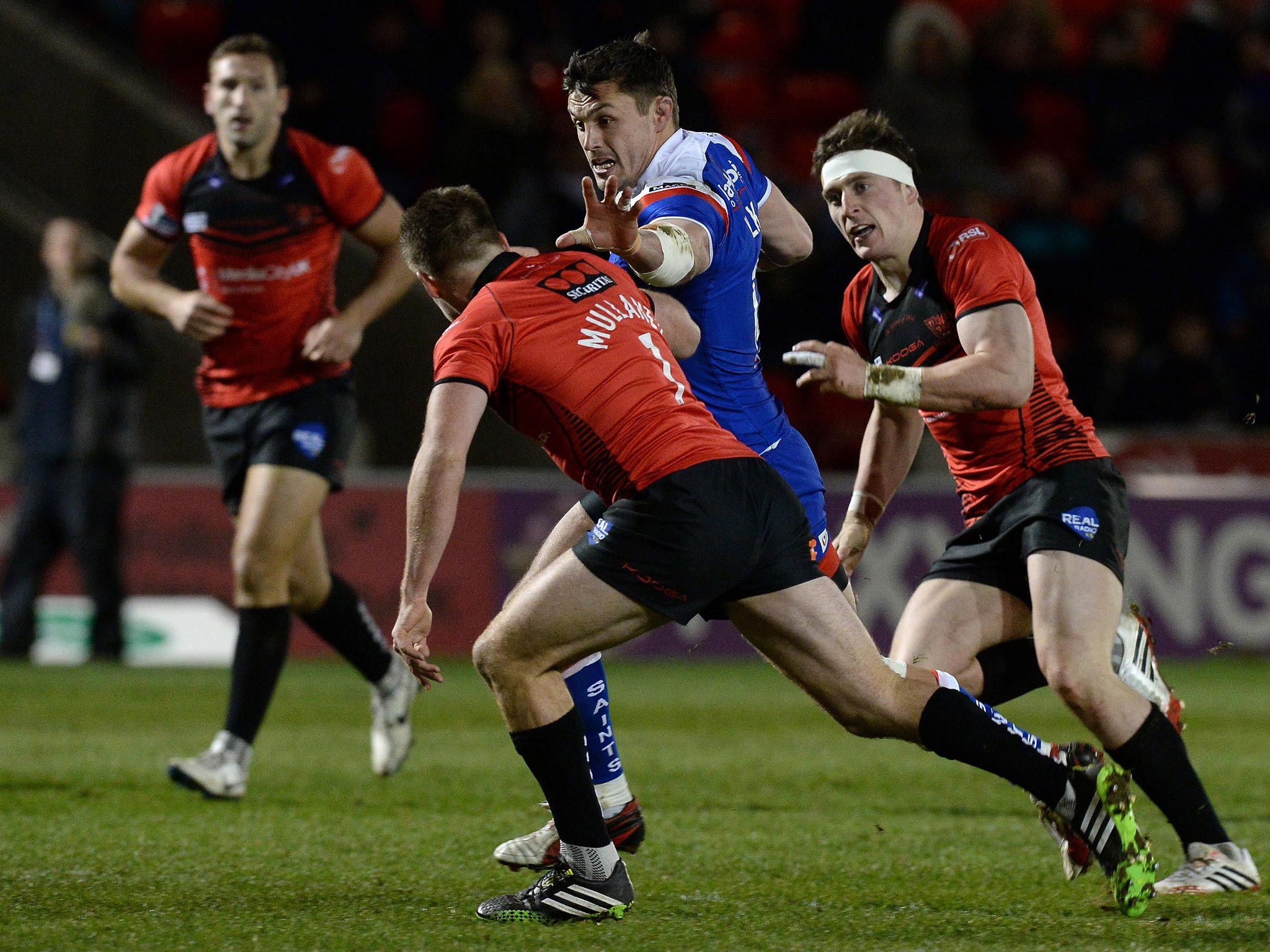 Jon Wilkin surges past the Salford cover for St Helens’s first try