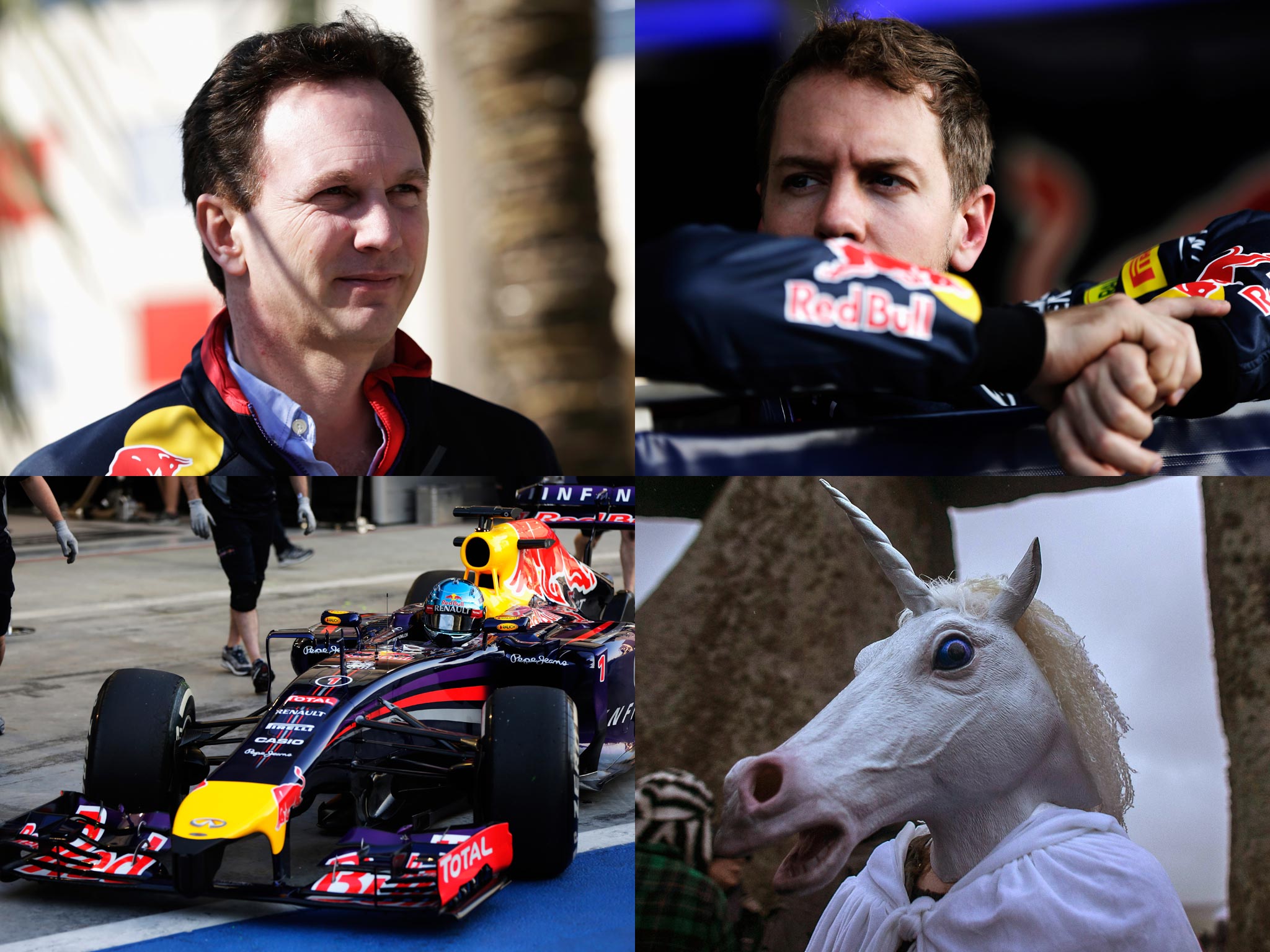 Christian Horner, Sebastian Vettel, the RB10 and a unicorn