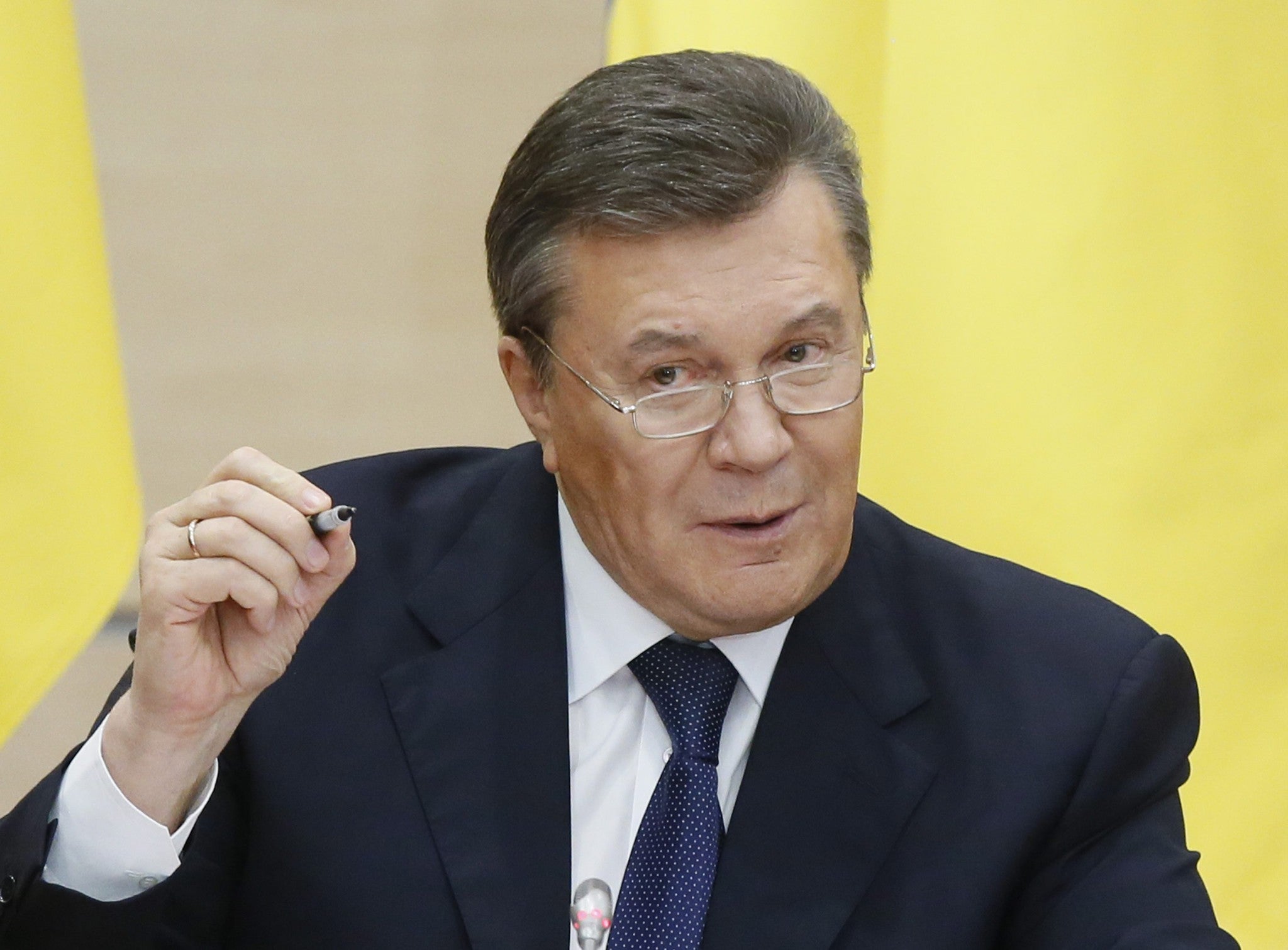 Former Ukrainian president Viktor Yanukovych speaks during his press conference in Rostov, Russia 28 February 2014. Making his first public appearance since being ousted, he told the news confeence he would fight for his country and insisted he was 'not o