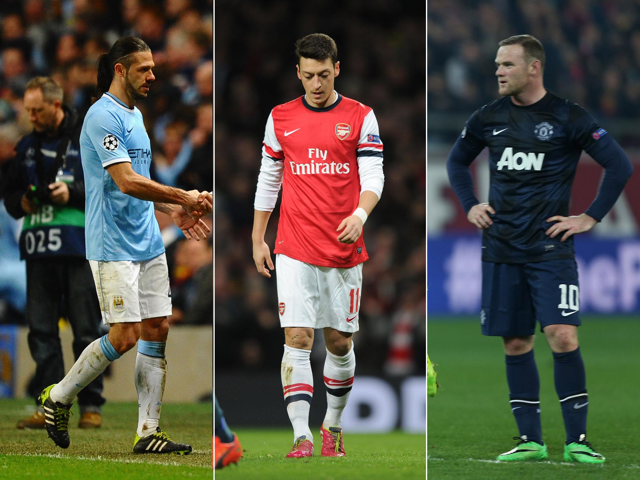 Martin Demichelis is sent-off for Manchester City, Mesut Ozil misses a penalty for Arsenal, and Wayne Rooney looks dejected after Manchester United lose to Olympiakos