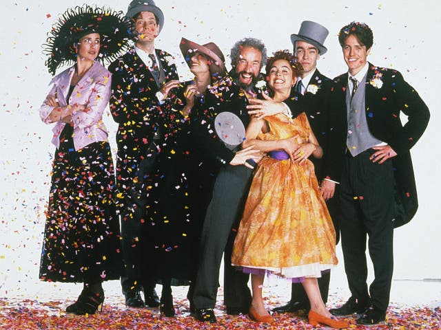 Some of the cast of Four Weddings... From left to right: Andie MacDowell, James Fleet, Kristin Scott Thomas, Simon Callow,Charlotte Coleman, John Hannah, Hugh Grant
