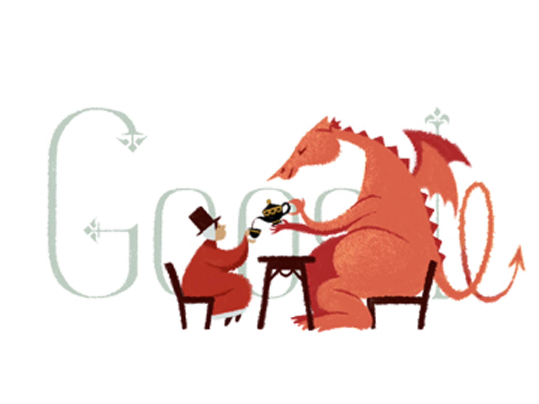 The Welsh dragon pours a cup of tea for a little lady in traditional dress
