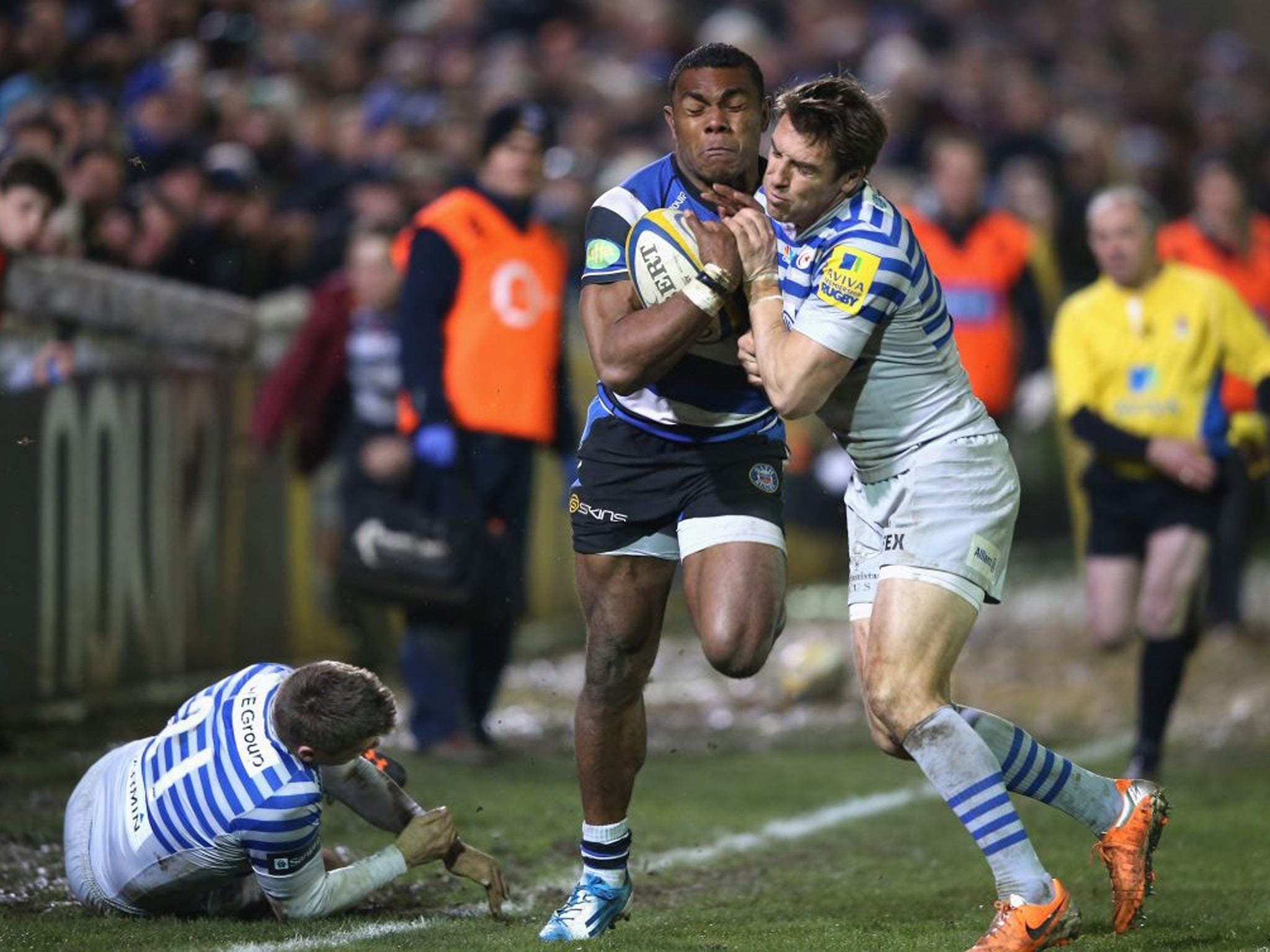 Semesa Rokoduguni of Bath is pushed into touch by Chris Wyles which resulted in Wyles being shown the yellow card during the Aviva Premiership match between Bath and Saracens