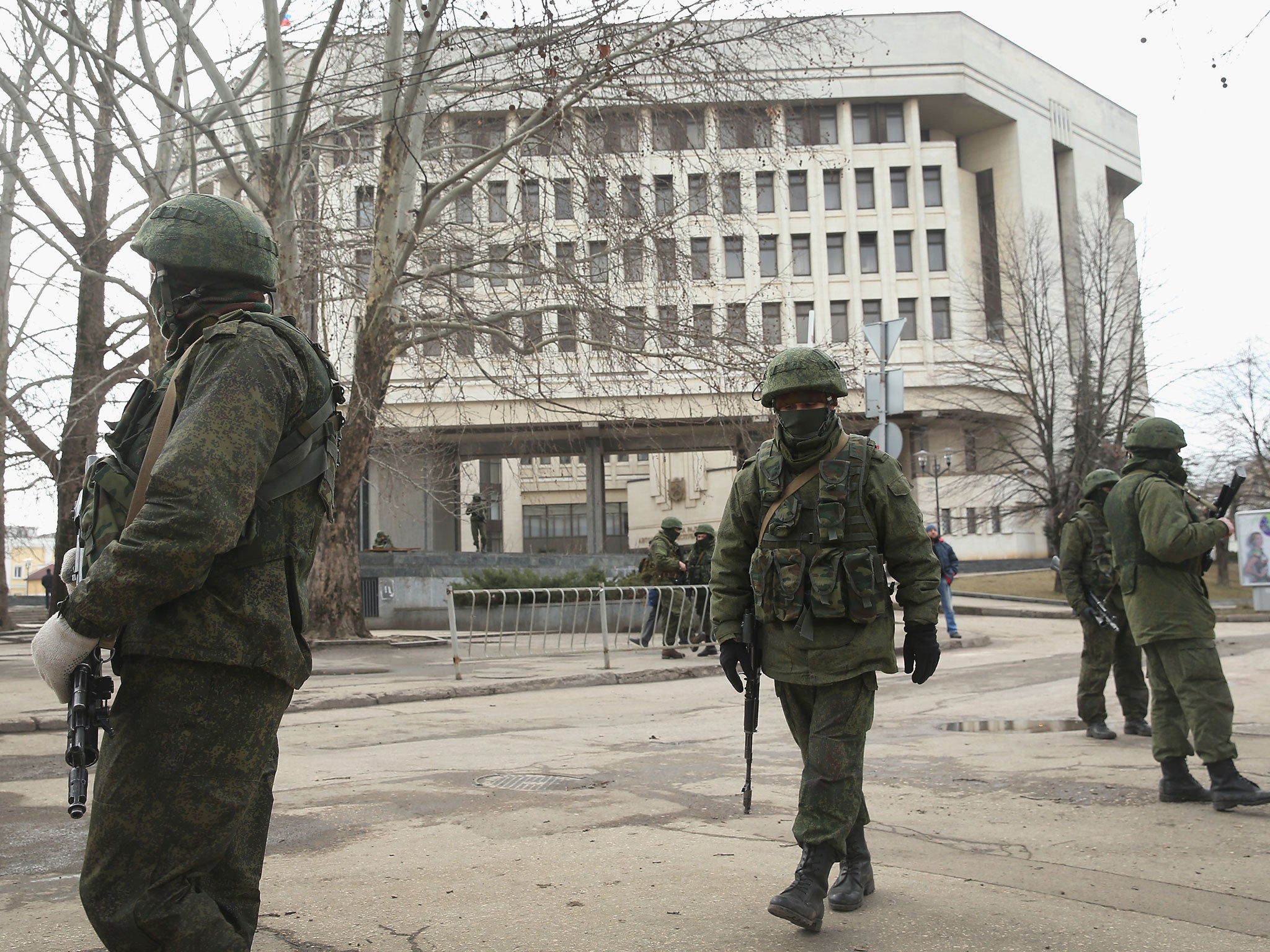 Russian troops guard the Crimean parliament.