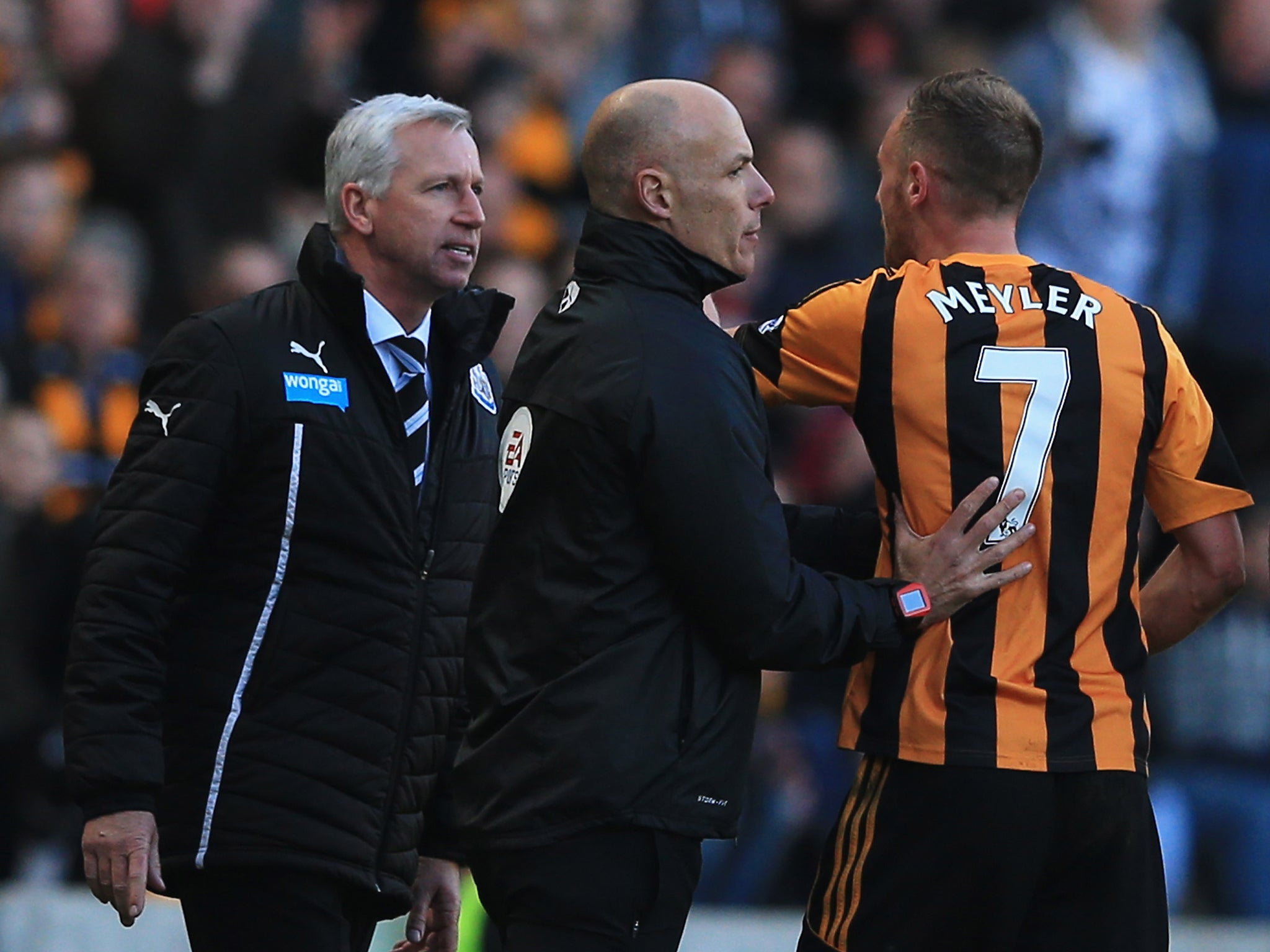 Alan Pardew (left) was involved in an ugly confrontation with Hull's David Meyler on Saturday