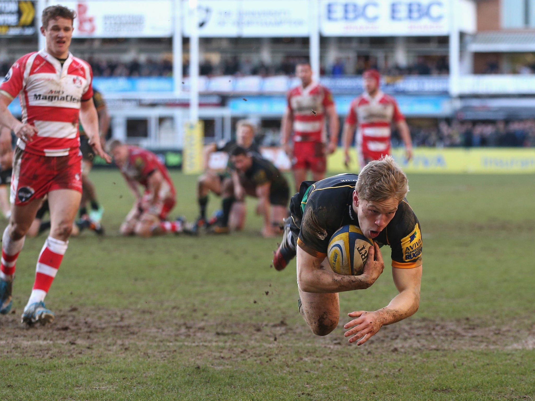 Will Hooley scores for Northampton Saints in the 39-13 win over Gloucester