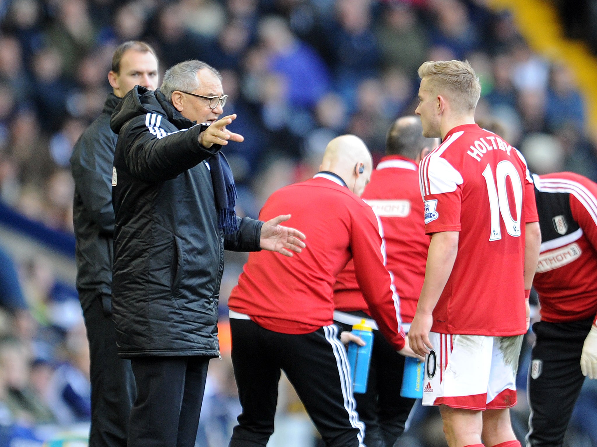 Fulham manager Felix Magath makes a gesture from the touchline