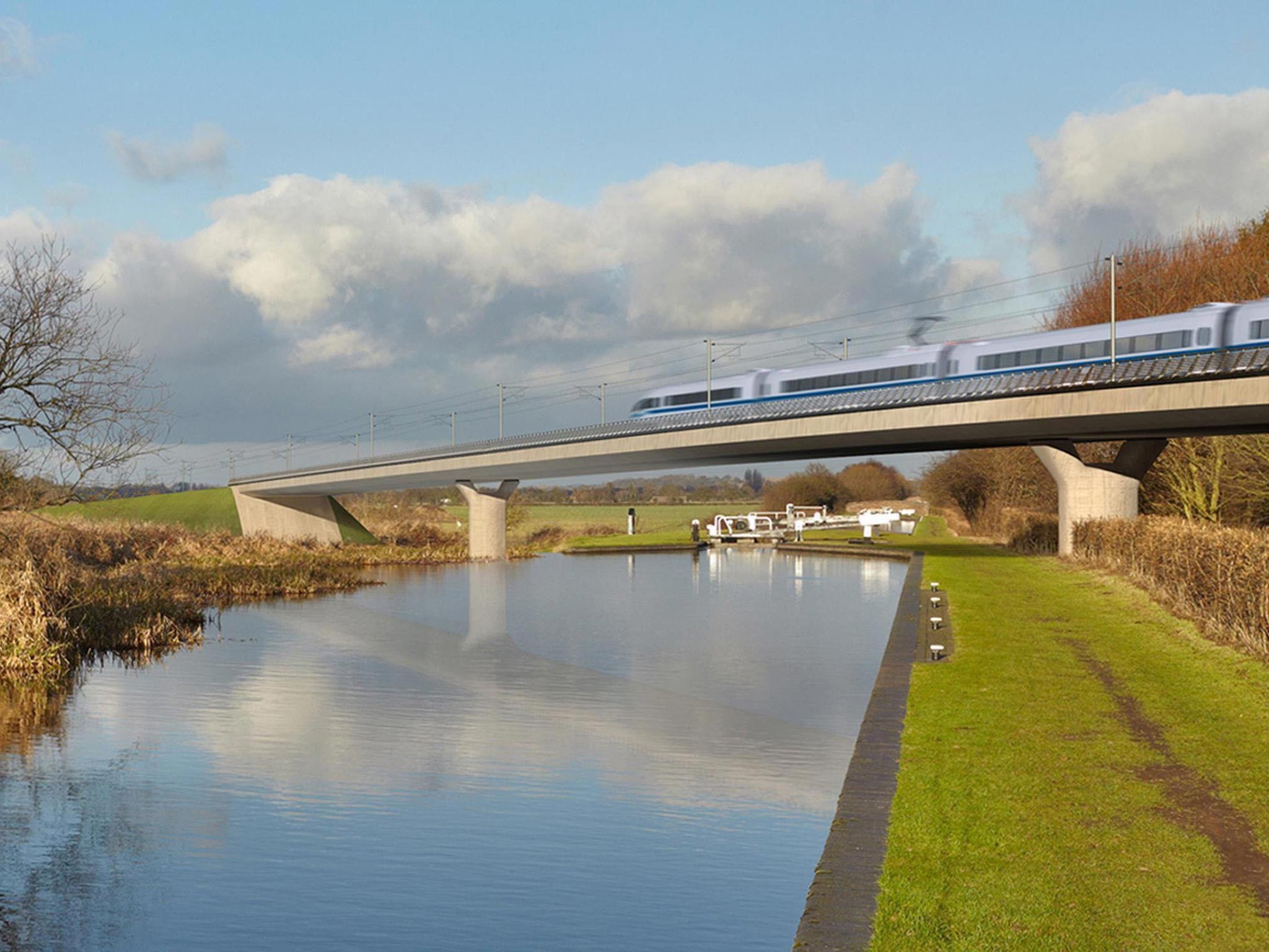 An artist's impression of an HS2 train on the Birmingham and Fazeley viaduct