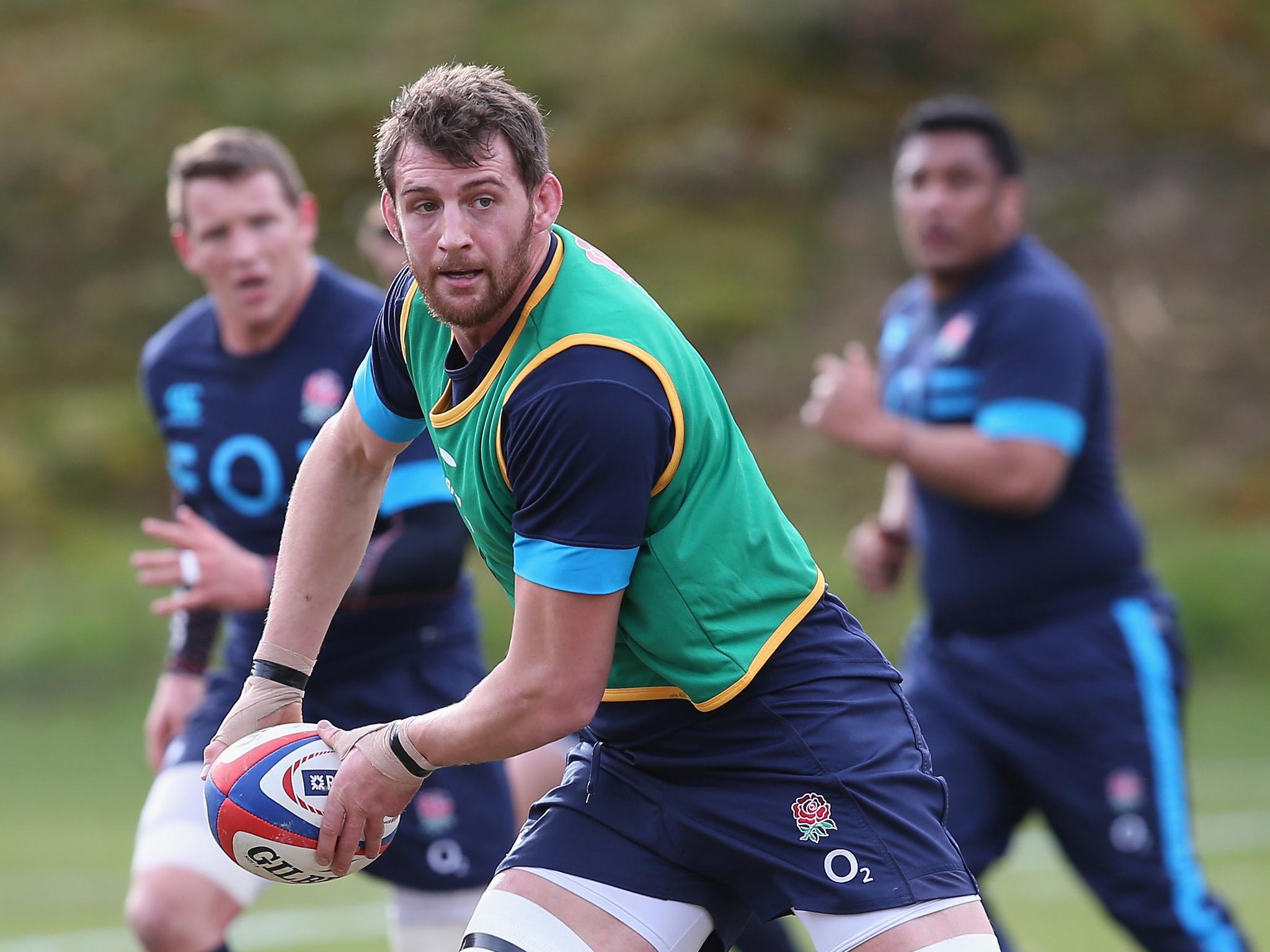 Tom Wood in training with England ahead of this weekend’s Six Nations confrontation with Wales at Twickenham