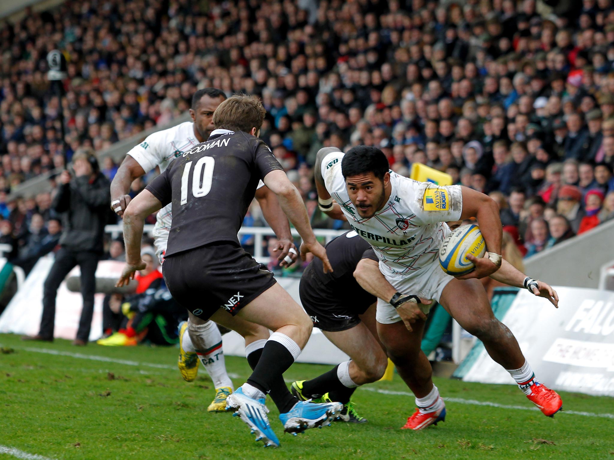 Manu Tuilagi on the ball for Leicester in yesterday’s win over Newcastle
