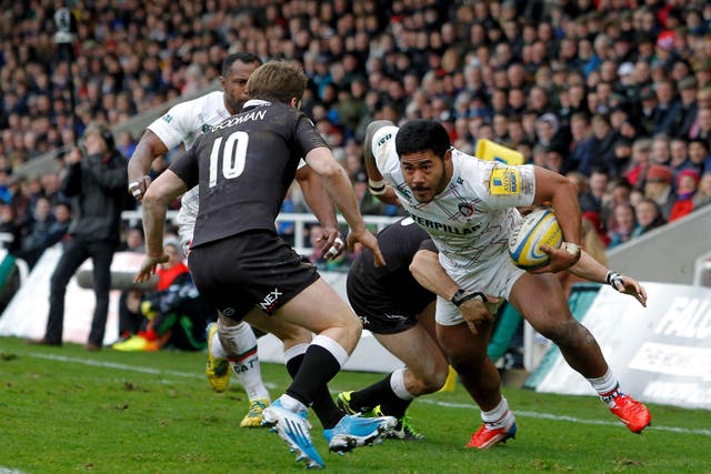 Manu Tuilagi on the ball for Leicester in yesterday’s win over Newcastle
