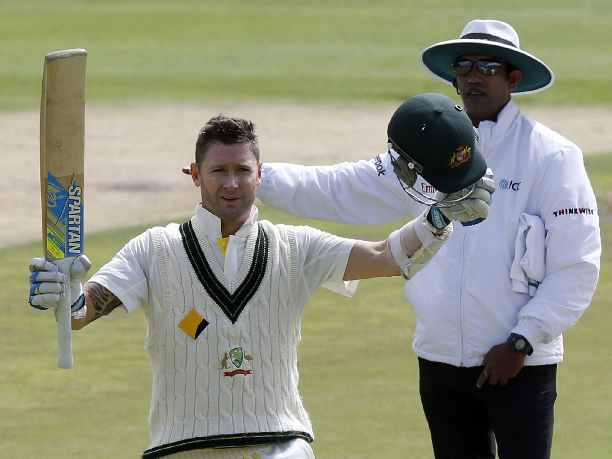 Australia’s Michael Clarke celebrates his century in Cape Town yesterday