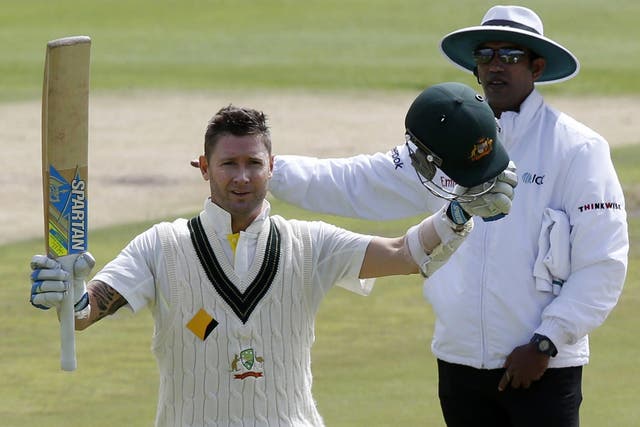 Australia’s Michael Clarke celebrates his century in Cape Town yesterday 