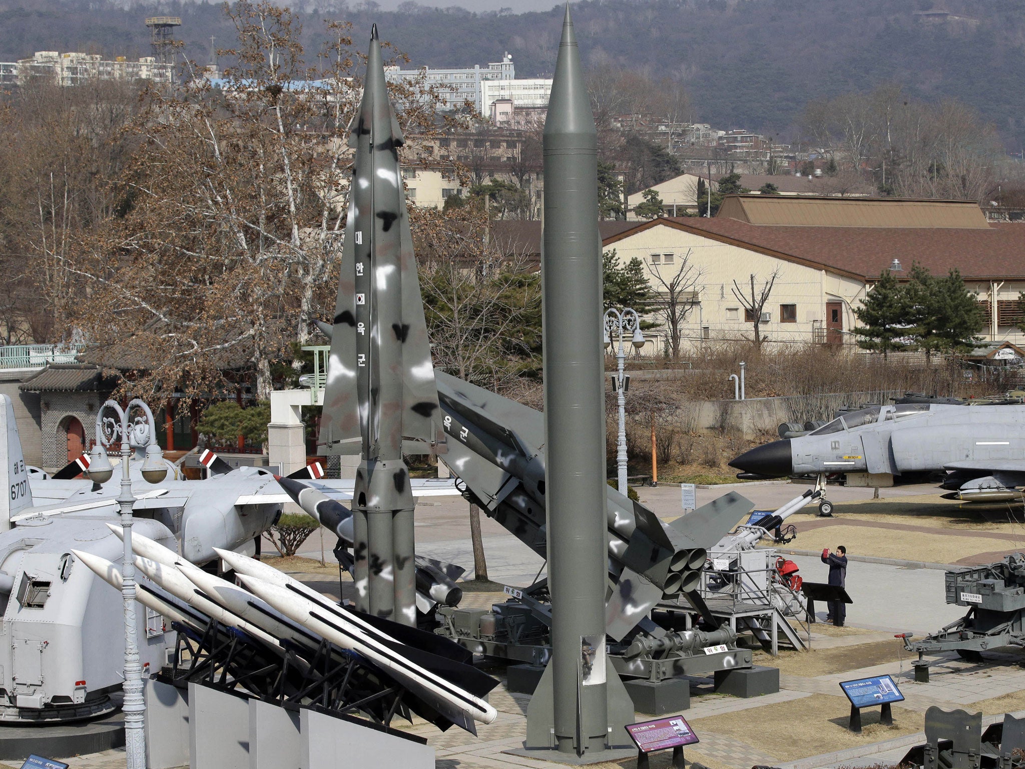 A mock Scud-B missile of North Korea, center, and other South Korean missiles are displayed at the Korea War Memorial Museum in Seoul, South Korea, Monday, March 3, 2014.