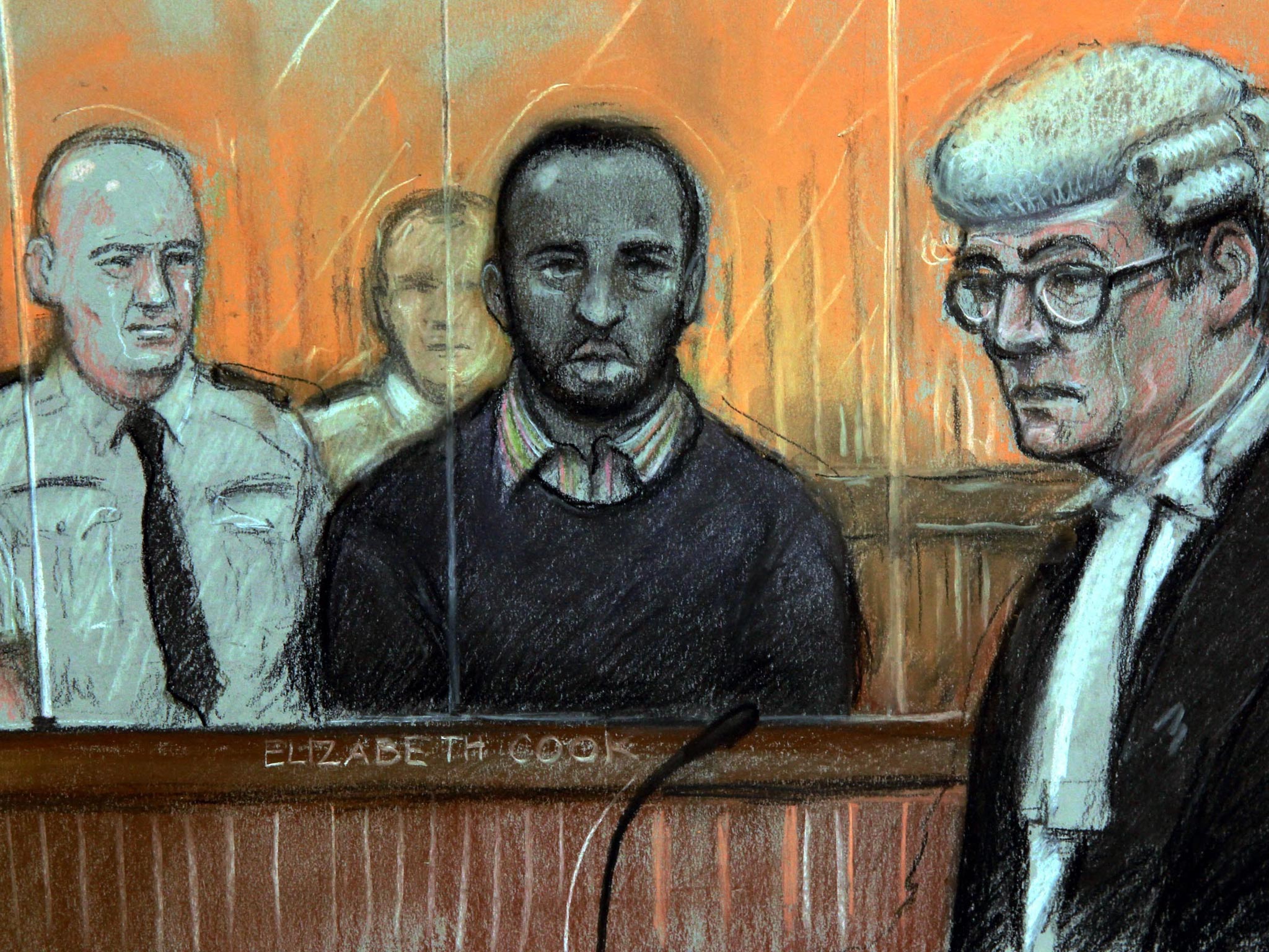Court artist sketch of Nicky Jacobs (centre) at the Old Bailey