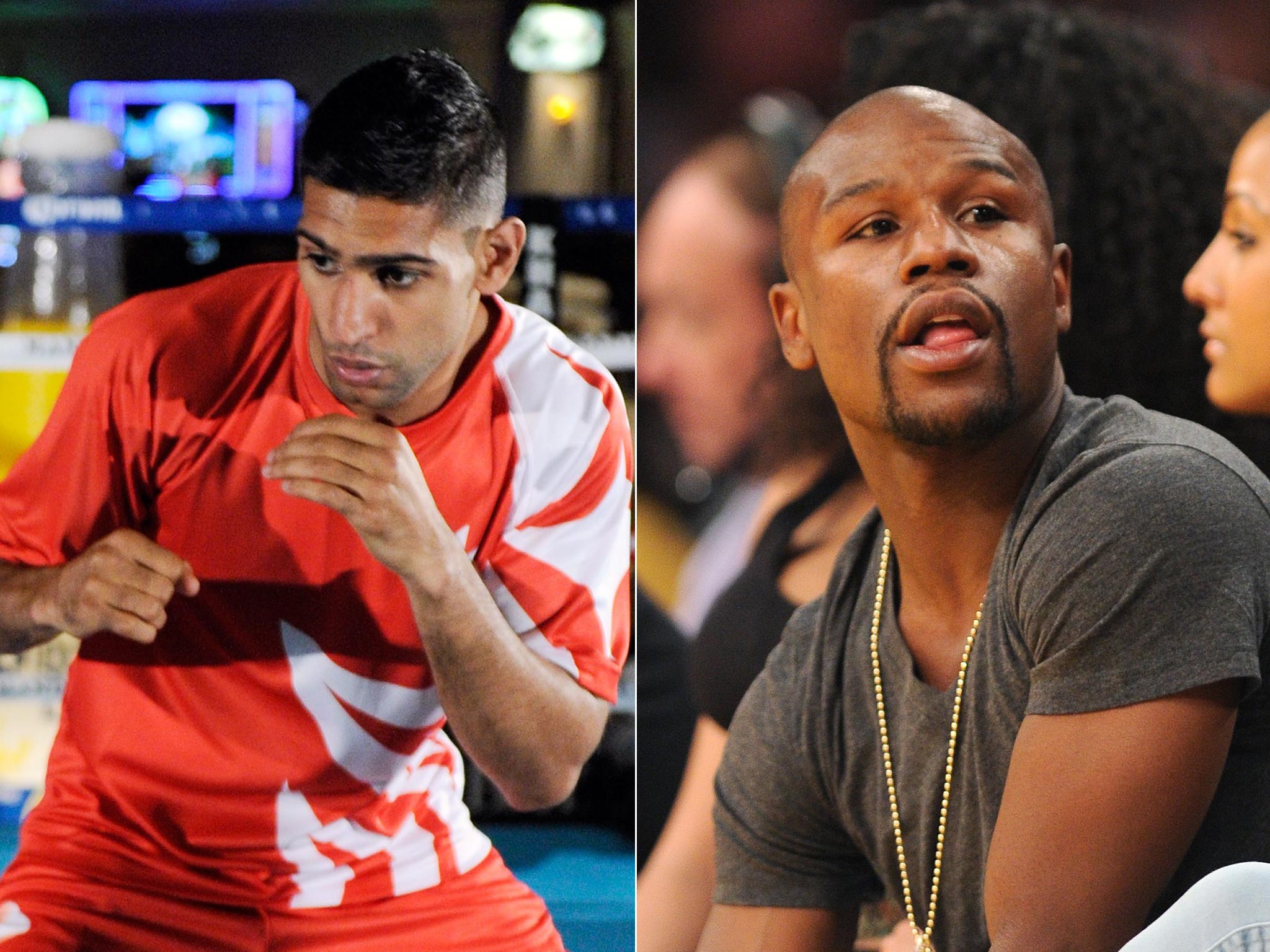 Floyd Mayweather (right) and Amir Khan will not be fighting in May