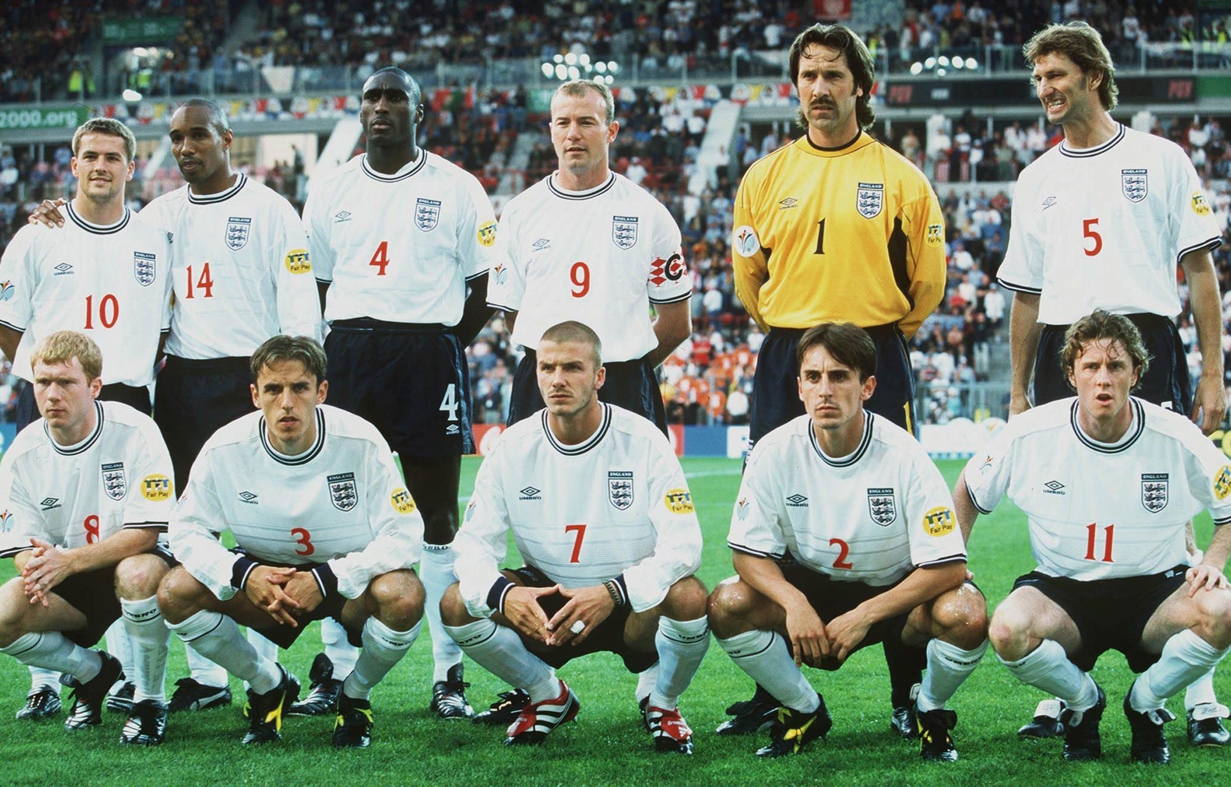 England's team in the Netherlands in 2000: (top row L-R) Michael Owen, Paul Ince, Sol Campbell, Alan Shearer, David Seaman, Tony Adams. (Bottom row L-R) Paul Scholes, Phil Neville, David Beckham, Gary Neville and Steve McManaman.
