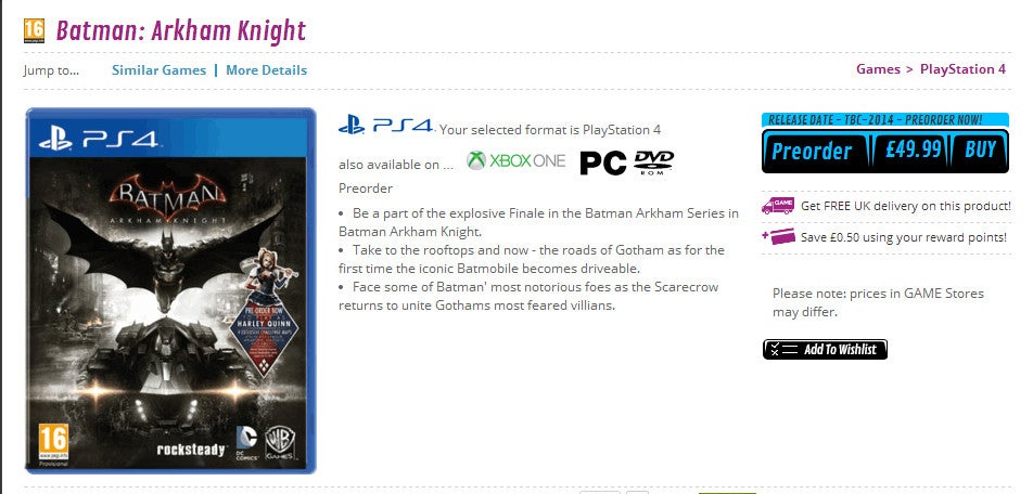 GAME set their Arkham Knight page live a little early