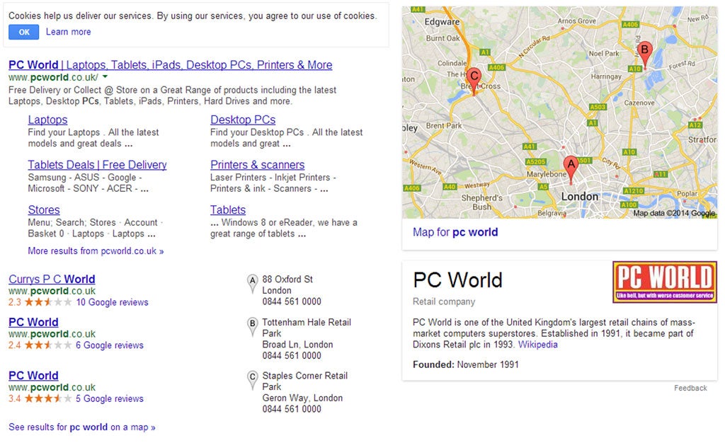 All the results you would expect for a PC World Google search - except - what's that under the logo?