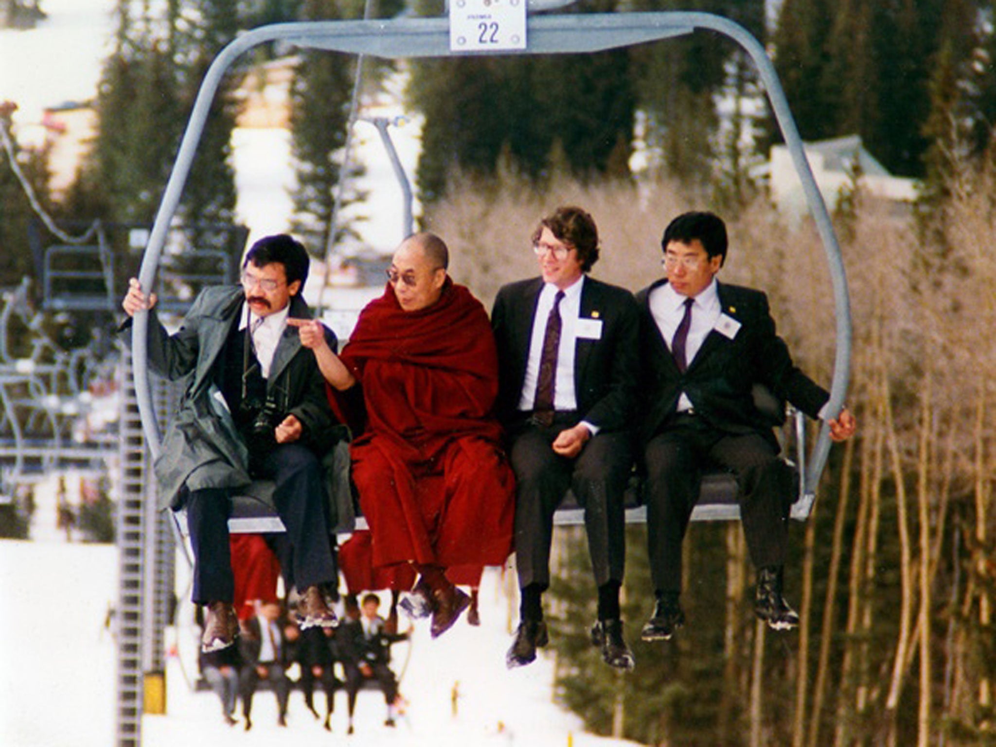 Snow job: the Dalai Lama on a ski-lift in Santa Fe, taken by the late Bob Shaw