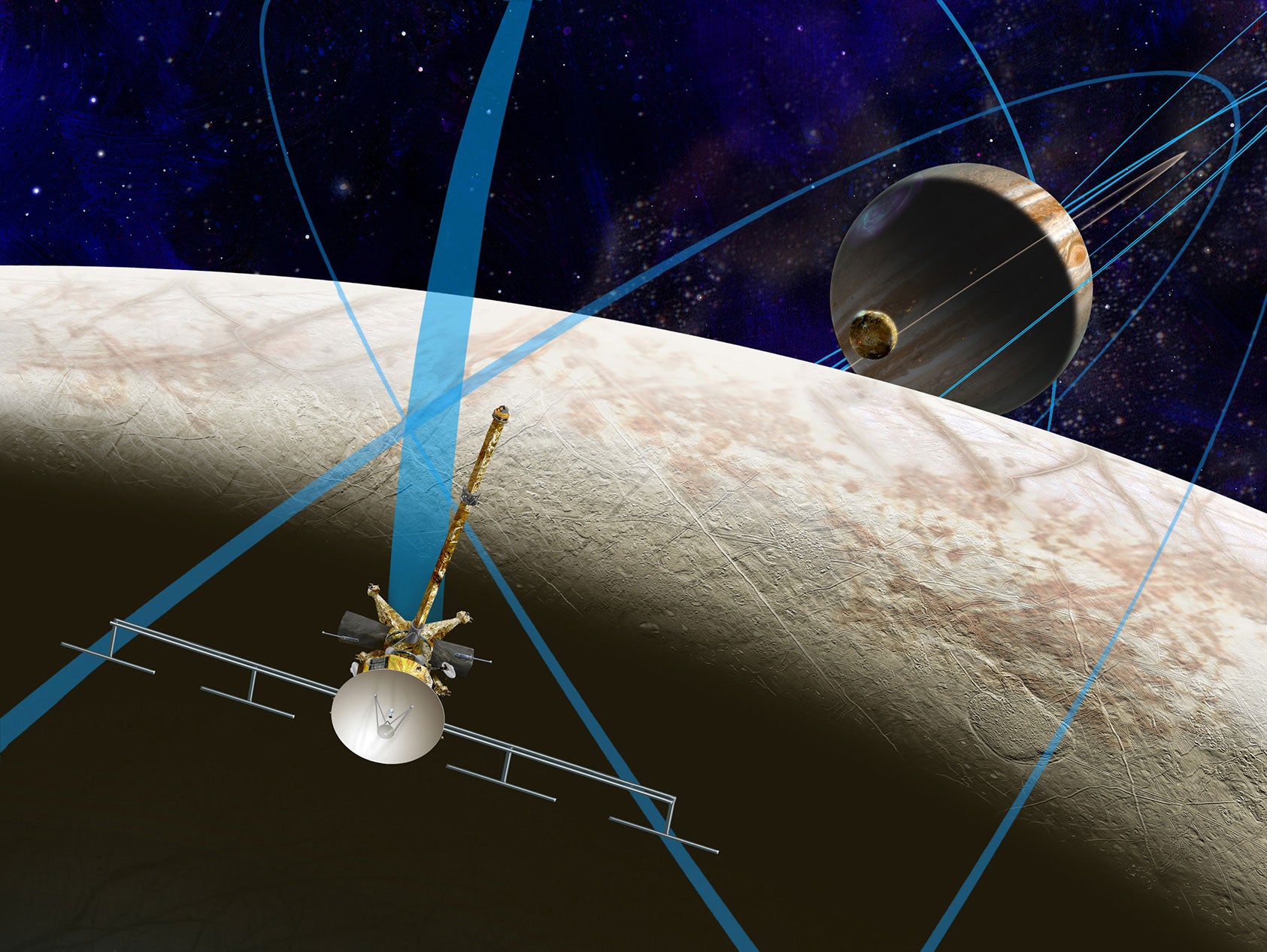 An illustration of the proposed Europa Clipperperforming a fly-by over Europa.