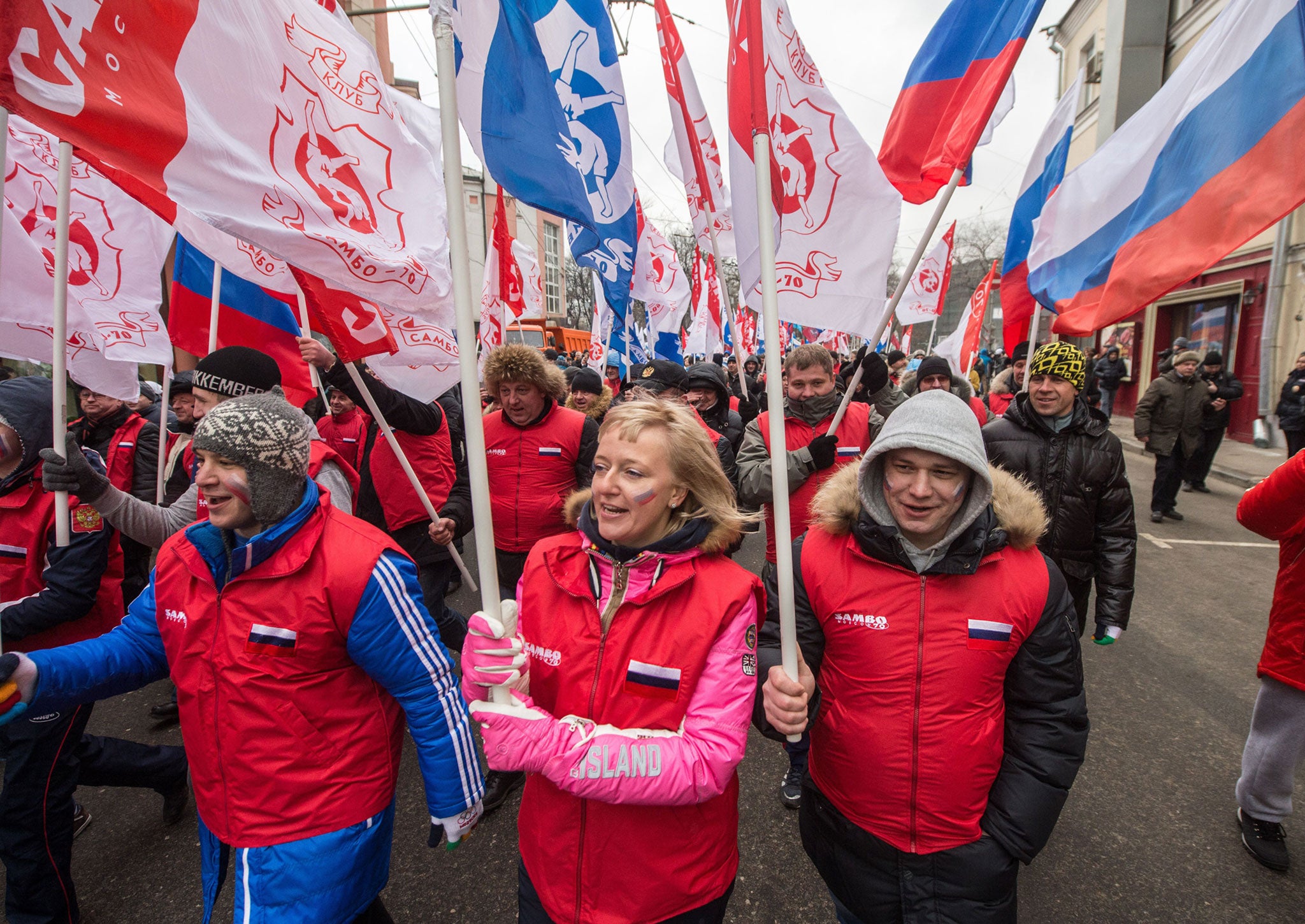Pro-Kremlin activists march during a rally in support of ethnic Russians in Ukraine in central Moscow, March 2, 2014.